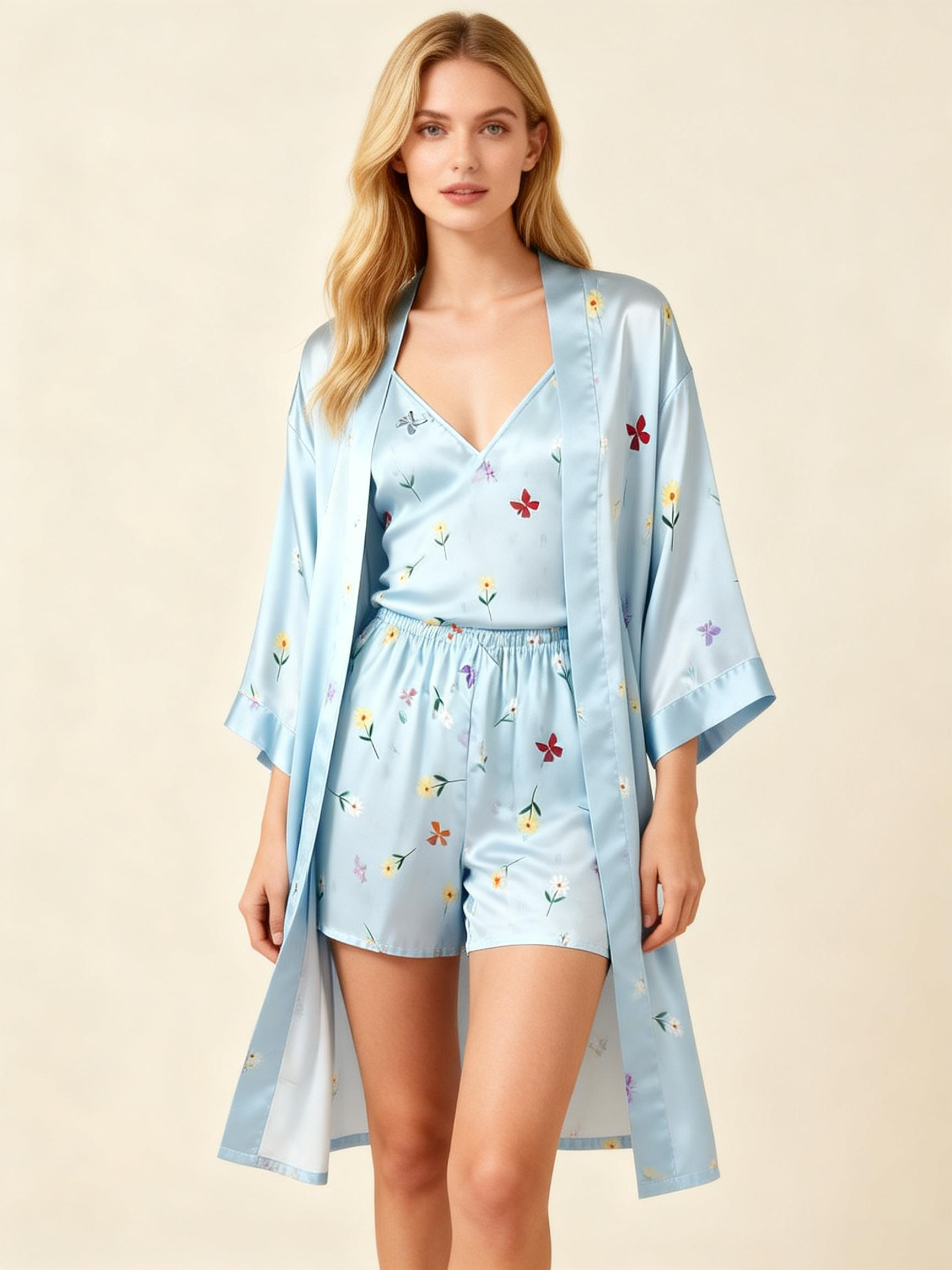 Chic Satin 3-Piece Pajama Set Featuring Floral & Butterfly Designs