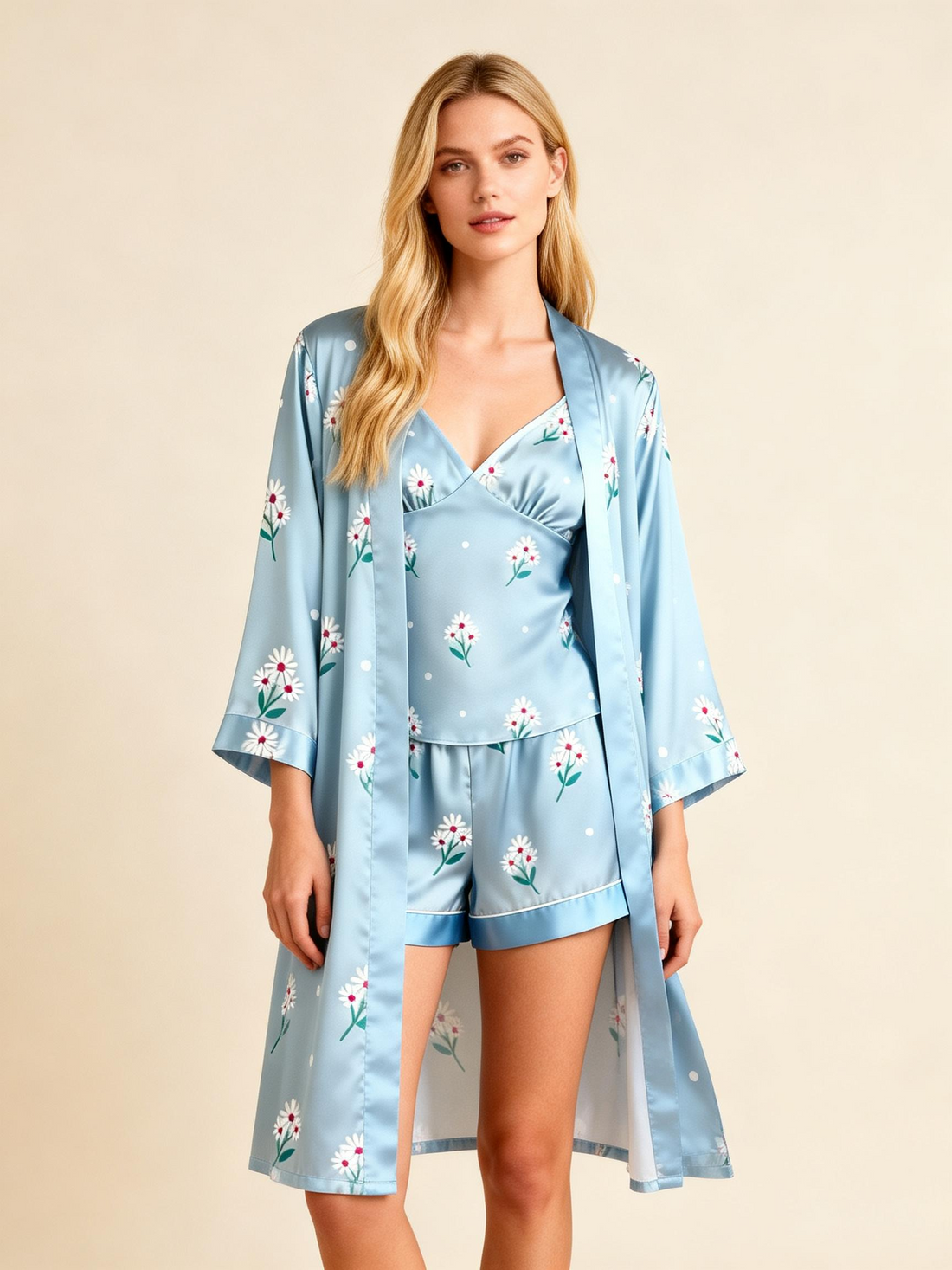 Stylish Floral Satin Pajama Set - Women's Nightwear 3 Pieces