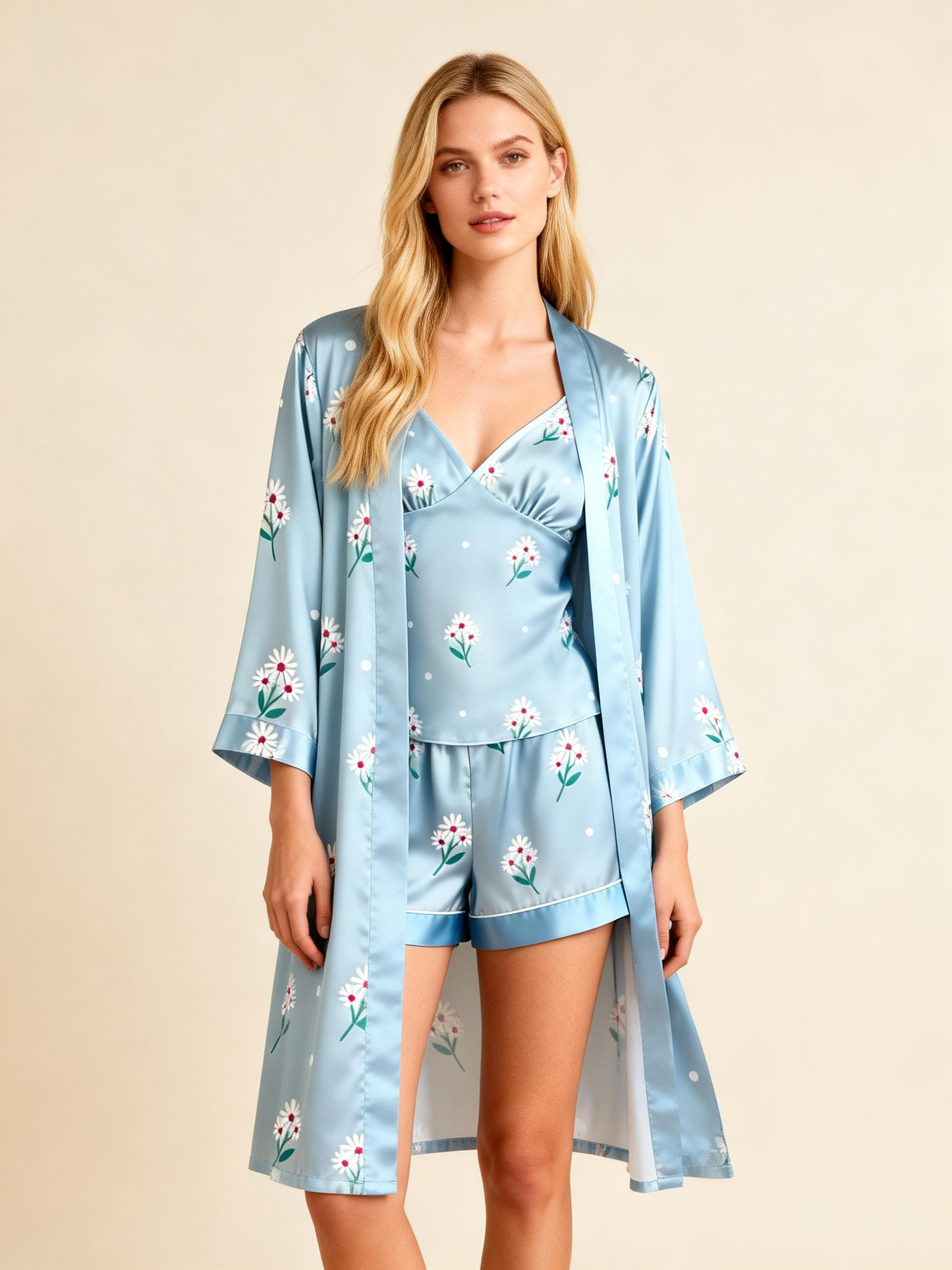Stylish Floral Satin Pajama Set - Women's Nightwear 3 Pieces