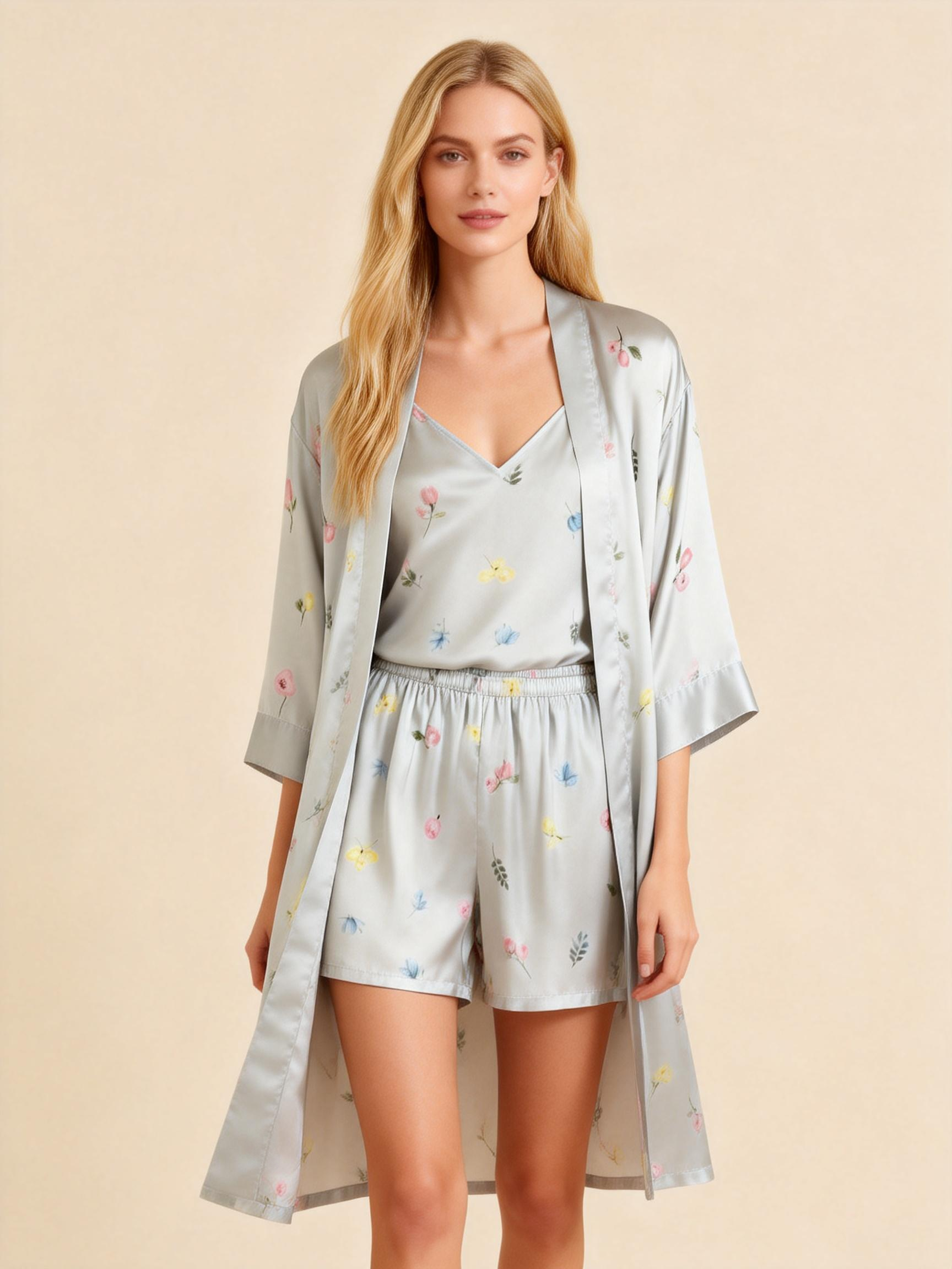 Elegant Satin Loungewear Trio in Silver Style