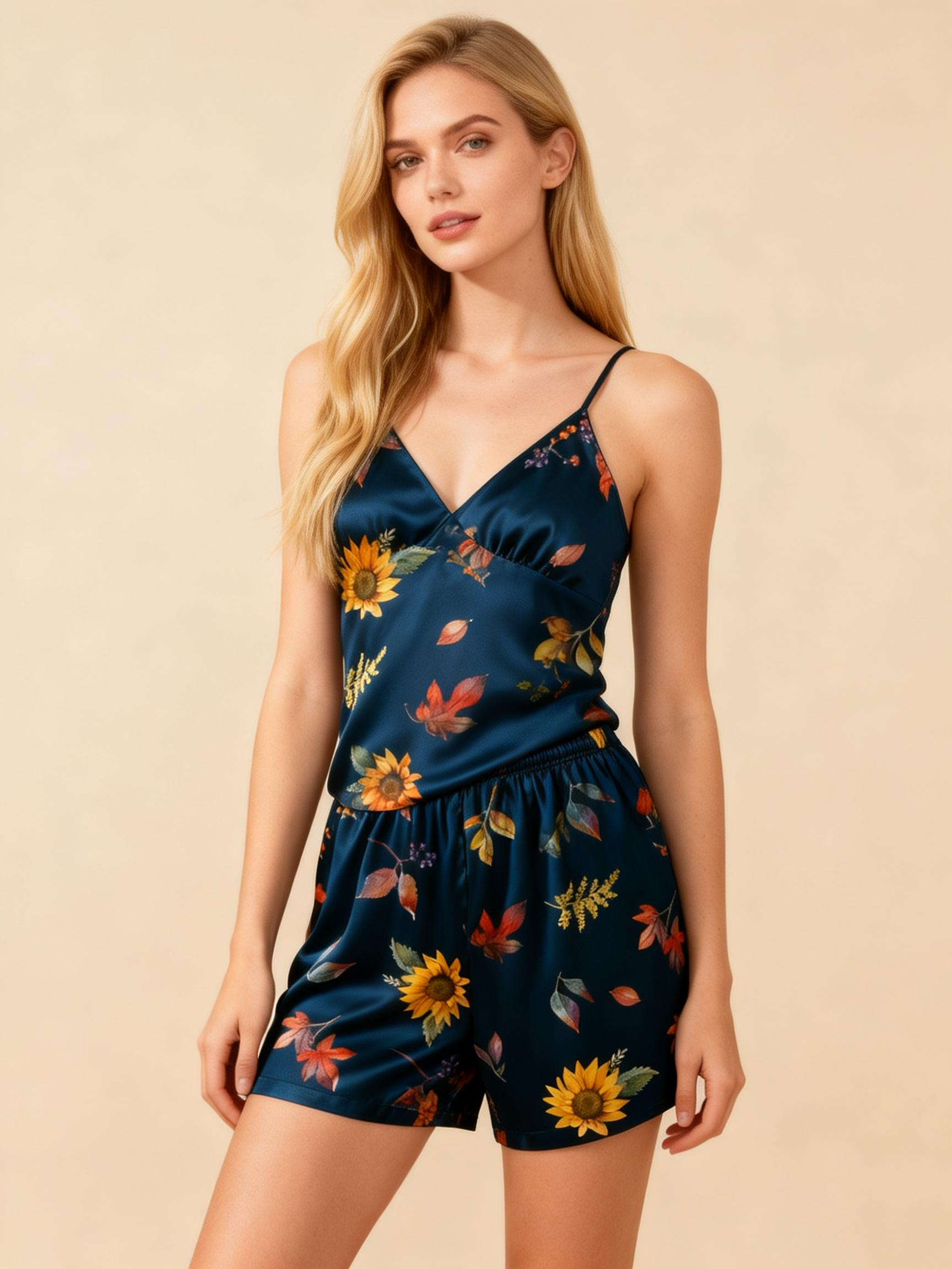 Elegant Satin Loungewear Trio with Sunflorals Design