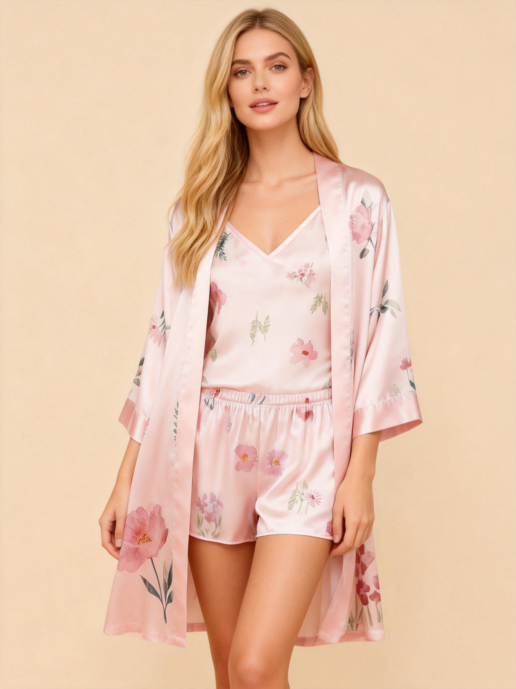 Elegant Satin Loungewear Trio with Watercolor Pink Floral