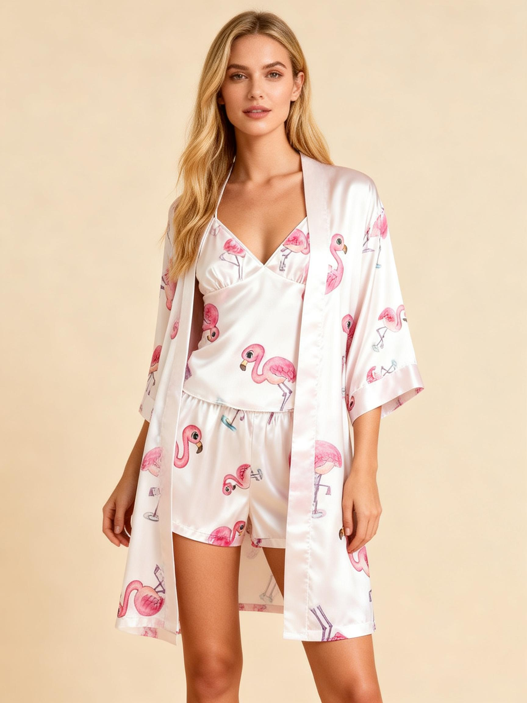 Chic Satin 3-Piece Pajama Set Featuring Pink Flamingo Designs