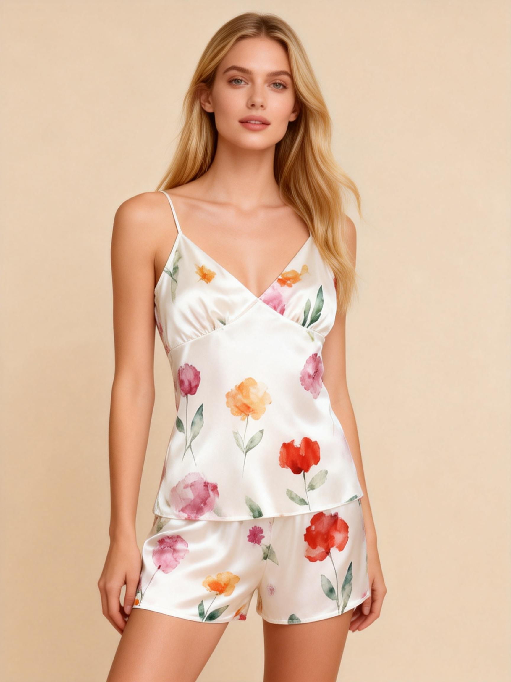 Women's Satin Sleepwear Set - Floral Robe, Cami Top, and Shorts