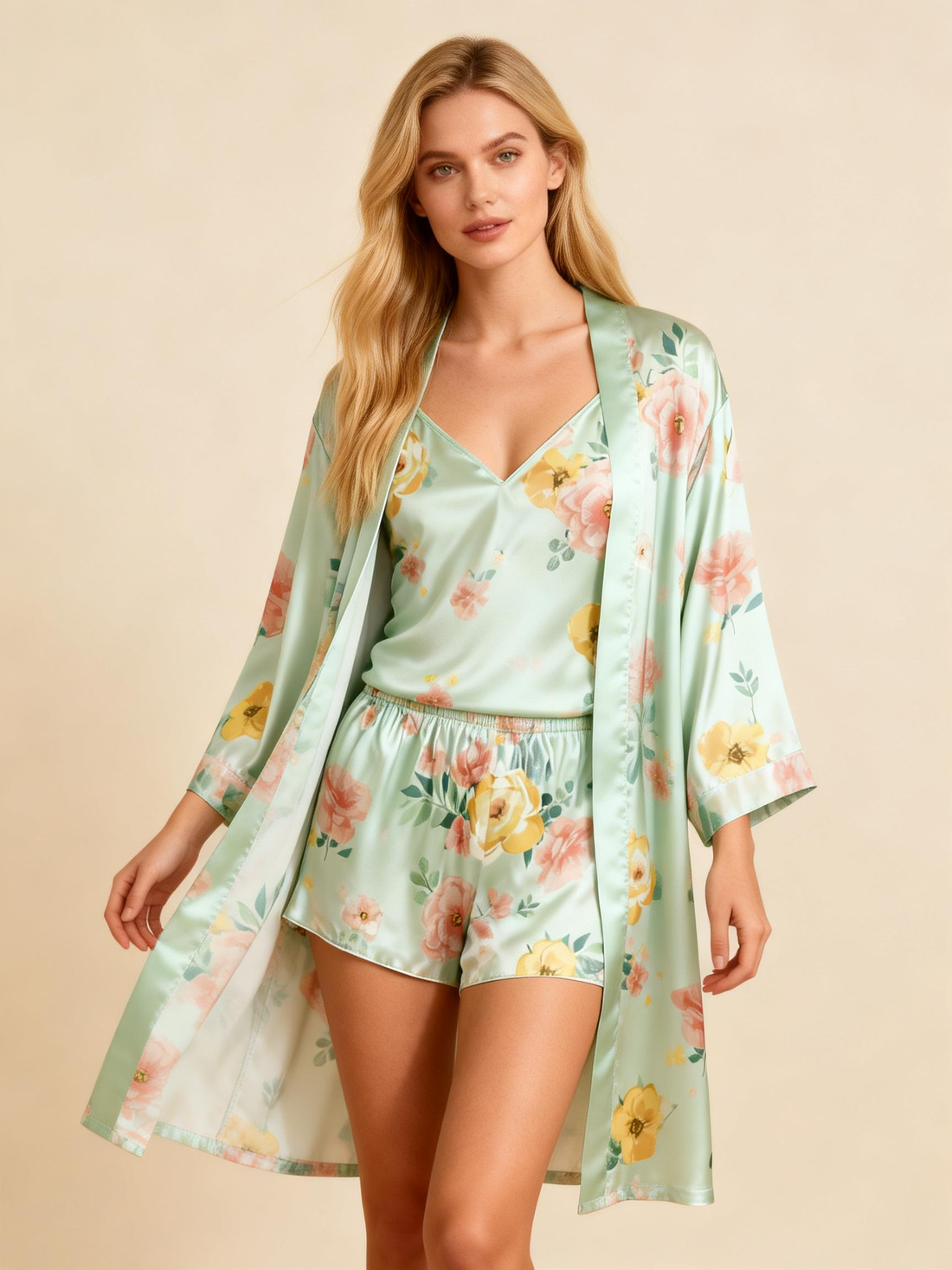 Elegant Light Green Satin Loungewear Trio with Florals Print