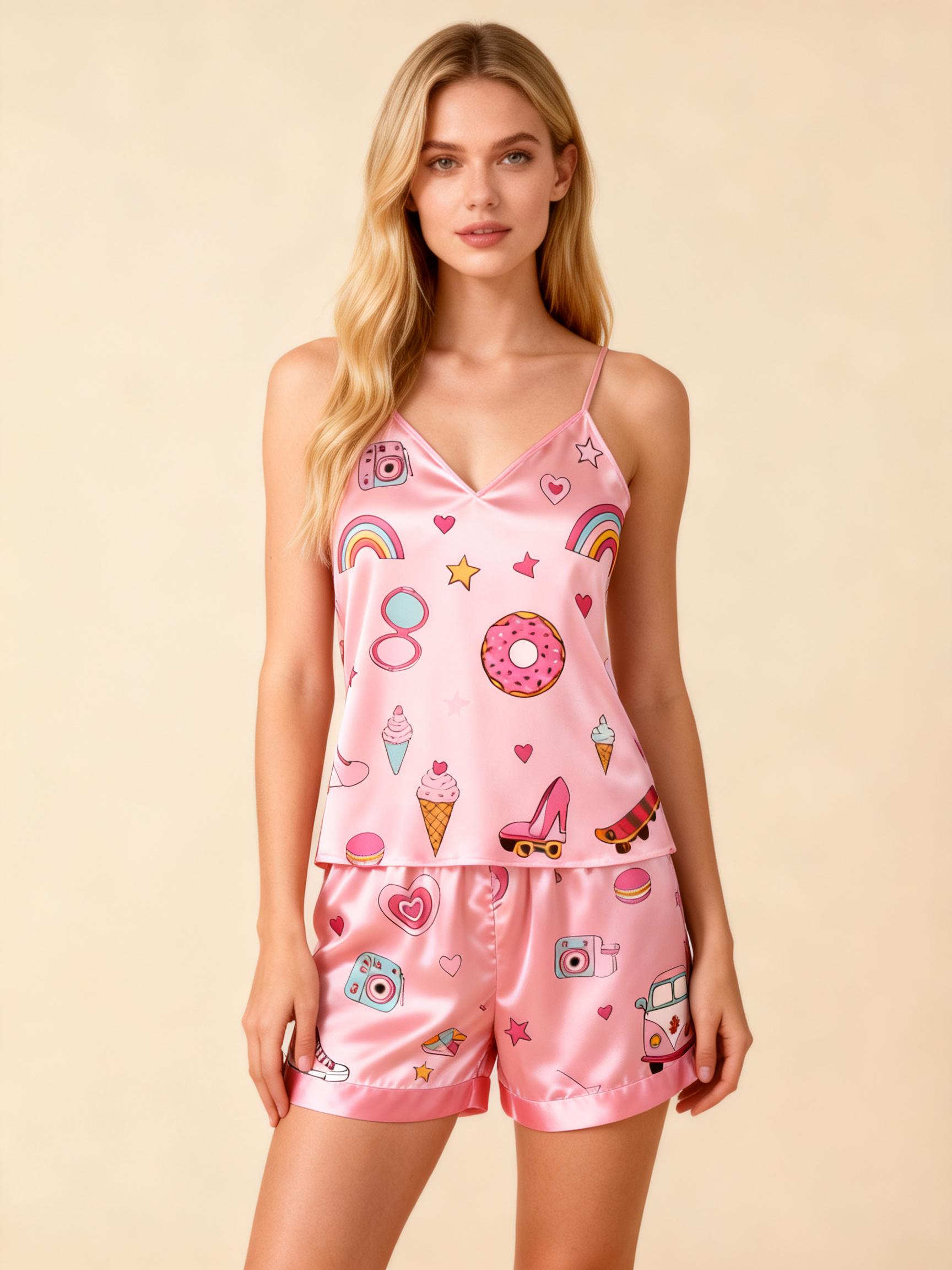 Elegant Satin 3-Piece Loungewear Set with Cartoon Pattern Design