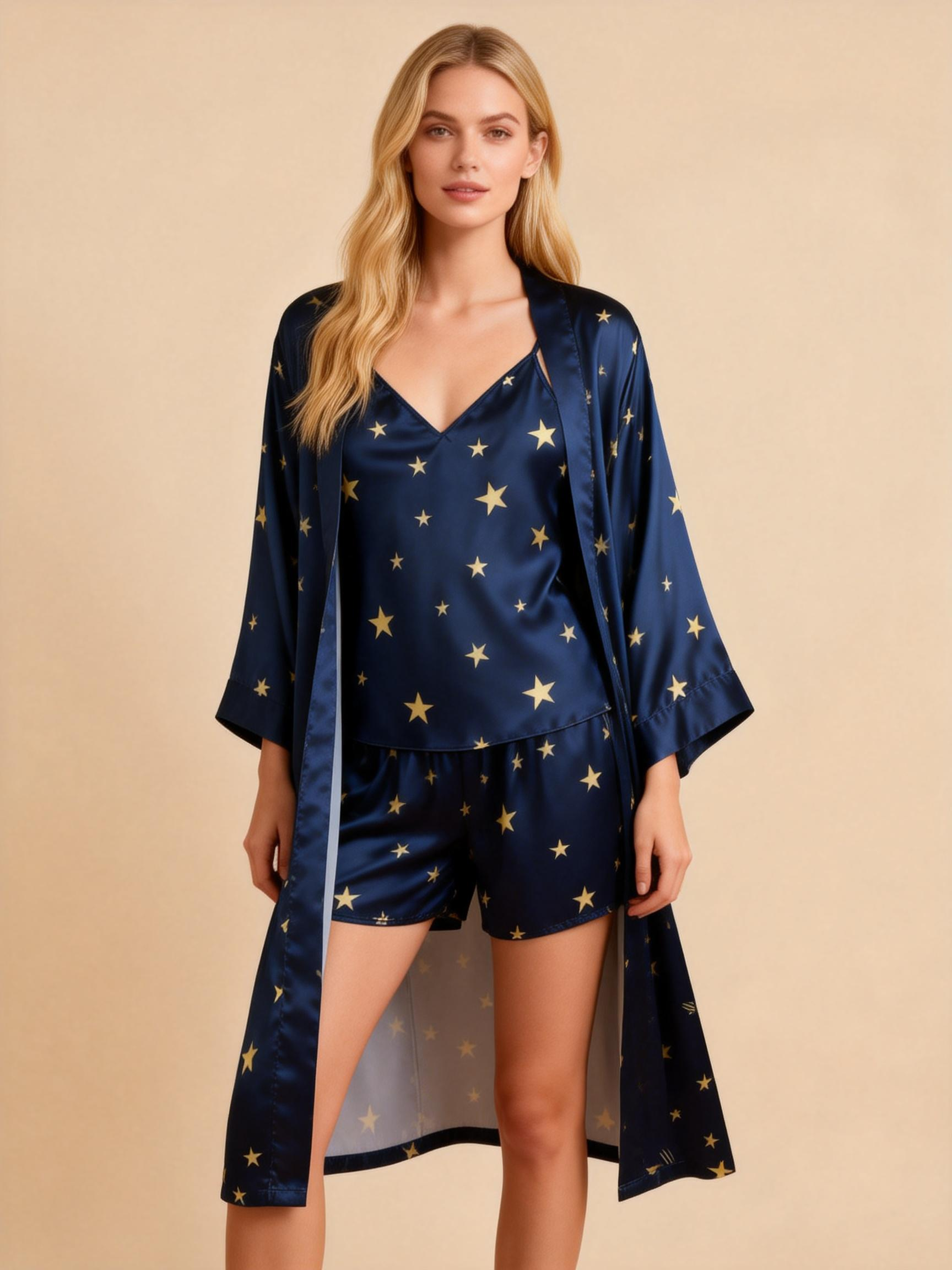 Elegant Satin Navy Loungewear Trio with Star Motifs