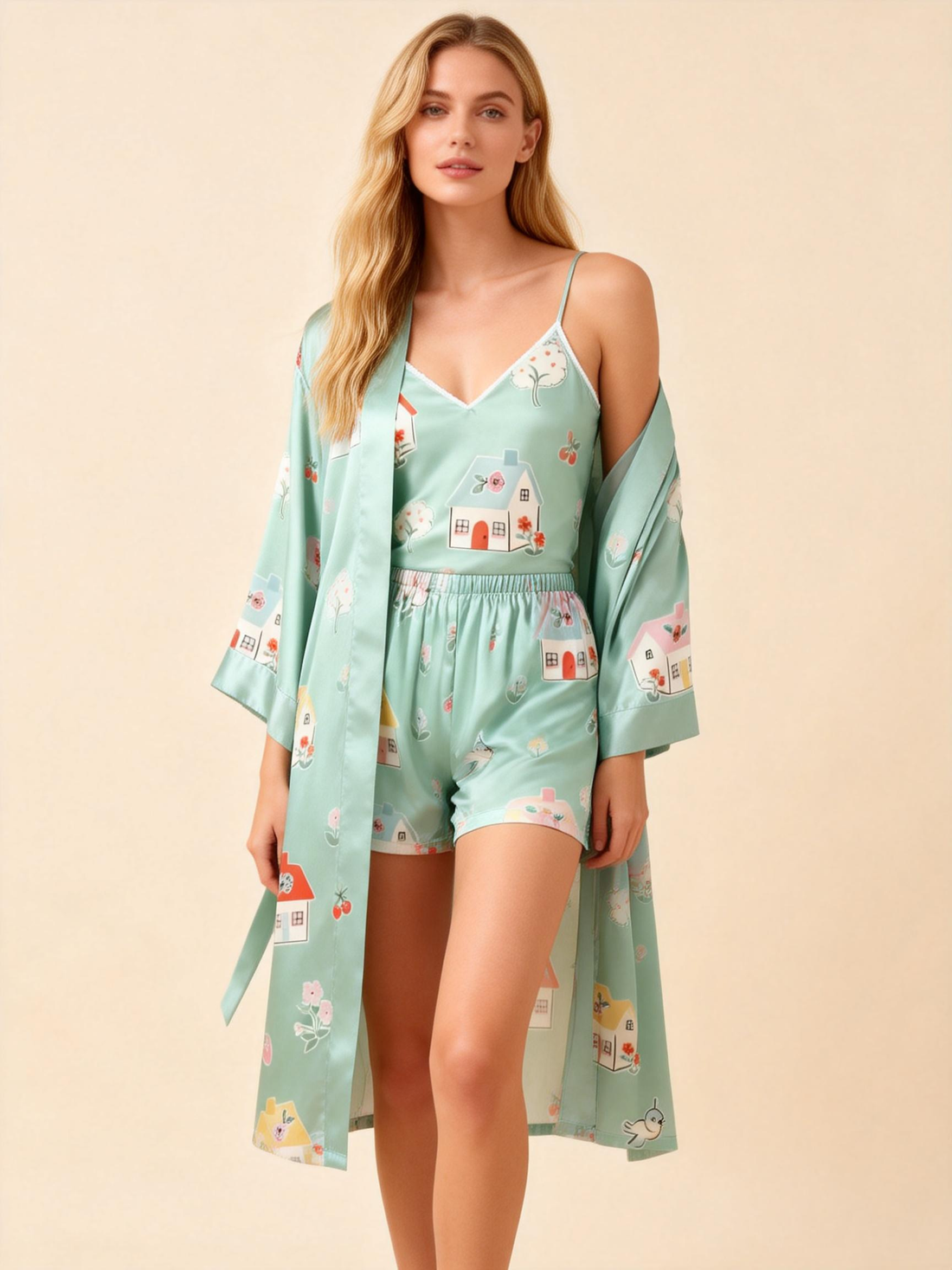 Elegant Satin Light Green Loungewear Trio with Lovely House Motif