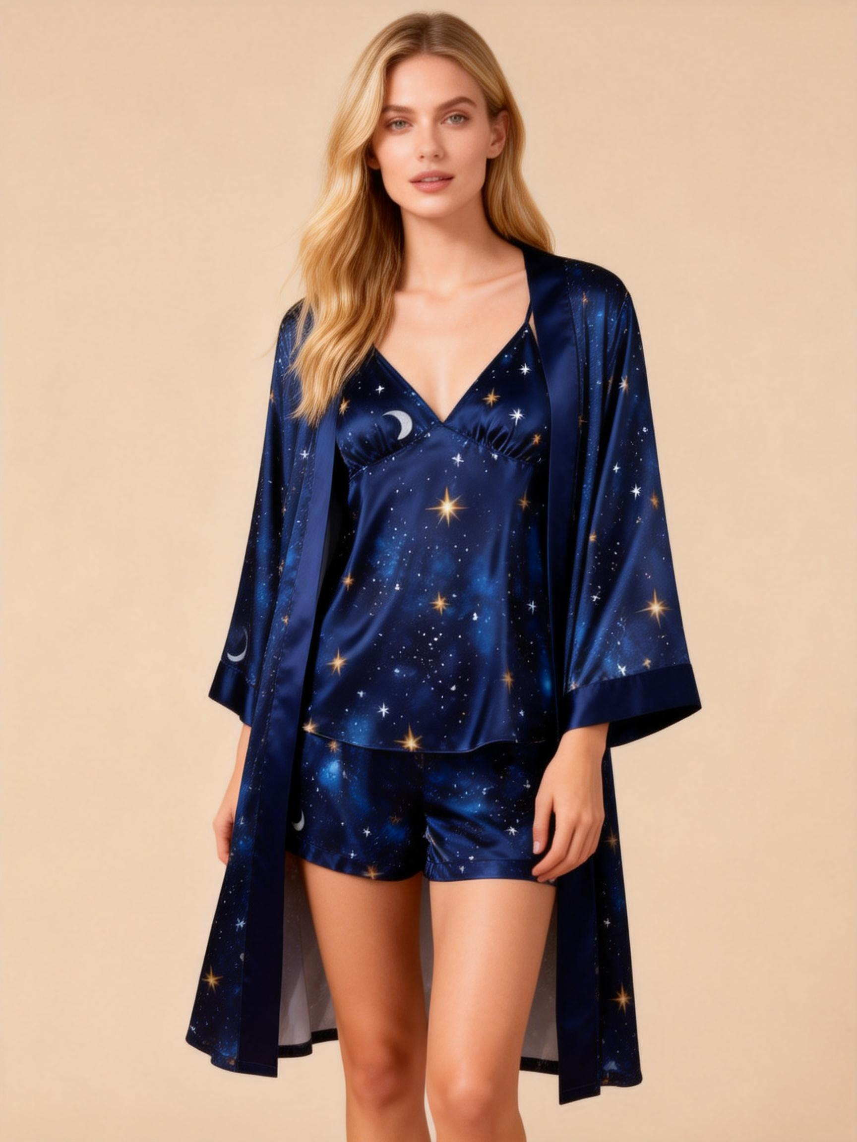 Elegant Satin Loungewear Trio with Night Sky Design