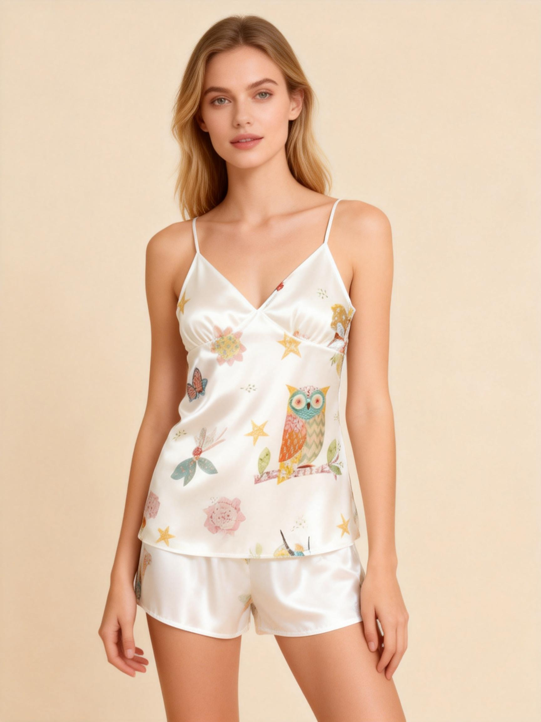 Elegant Satin Loungewear Trio with Adorable Animal Print