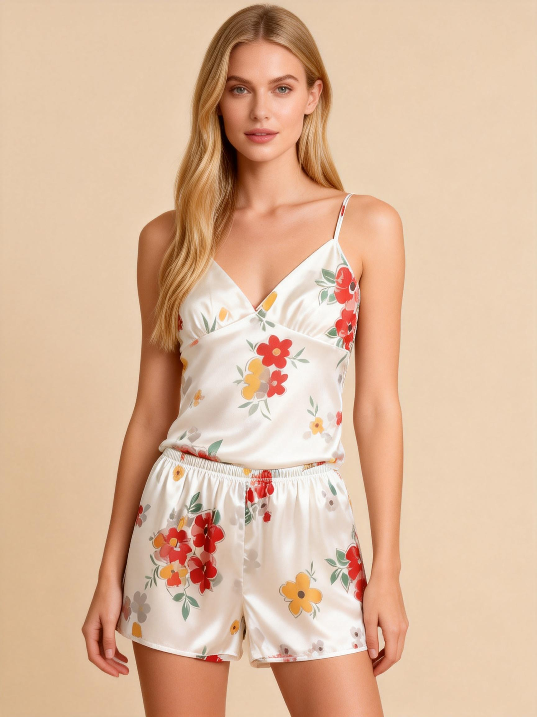 3-Piece Satin Pajama Set - Flower Print Robe, Camisole & Shorts