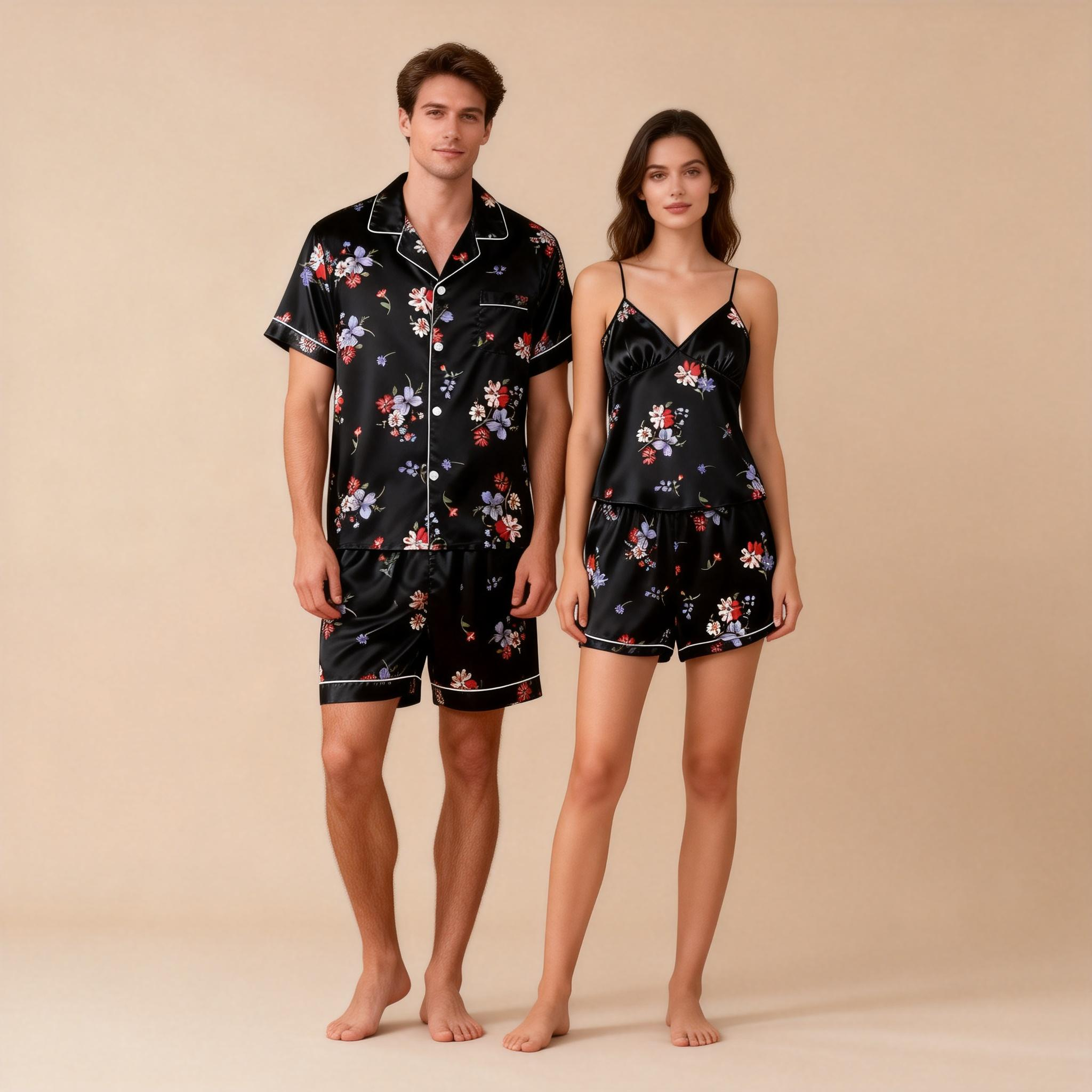 Silky Satin Couple Sleep Set – Short & Stylish