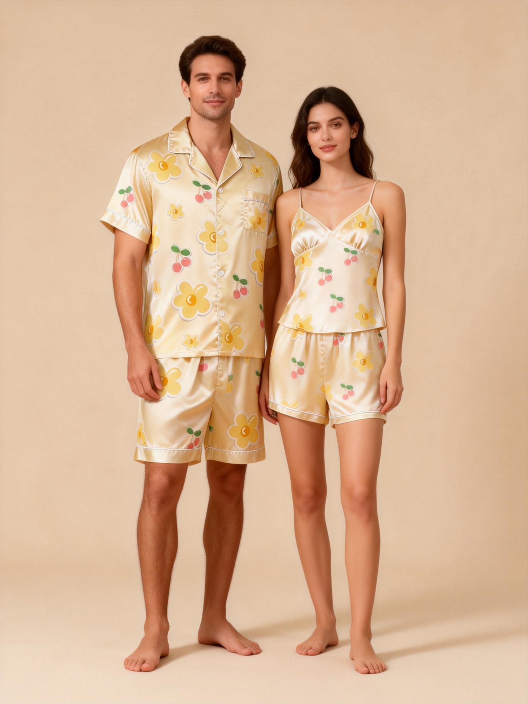 Romantic Satin Pajamas Set for Couples – Short Style