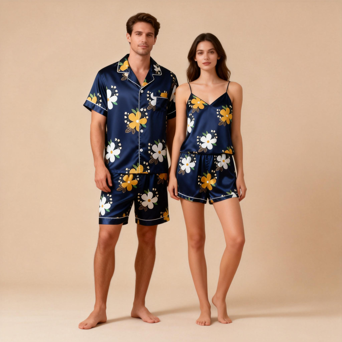 Silky Satin Pajamas for Him & Her – Short Style Set
