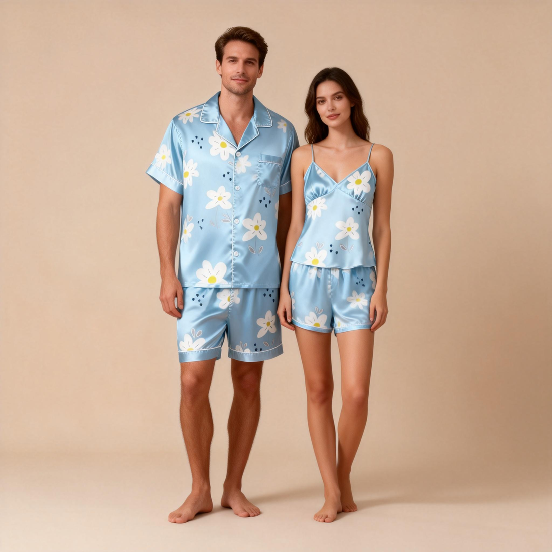 Silky Satin Lounge Set for Two – Comfortable Short Pajamas