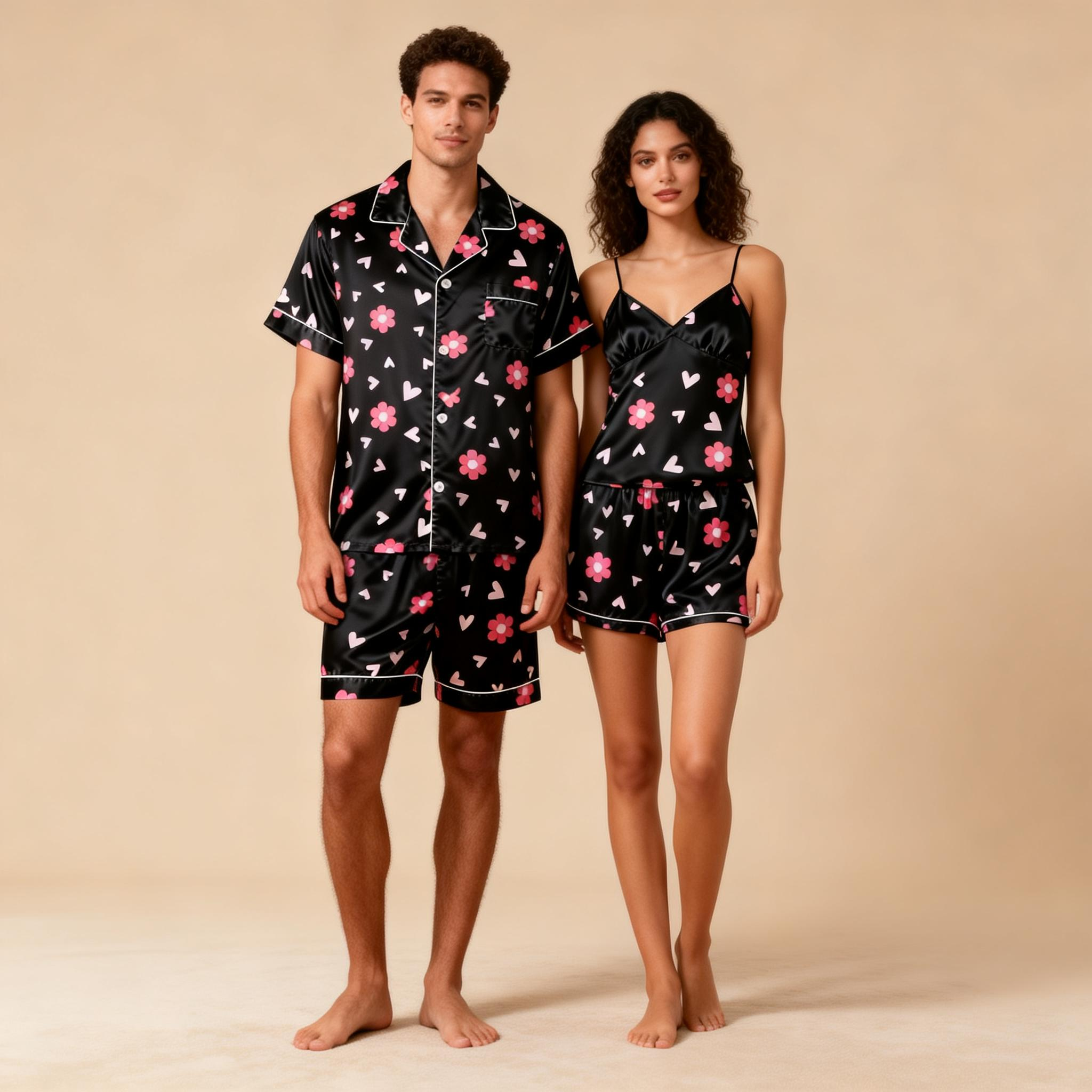 Silky Classic Couple Satin Pajamas Short Set – Luxurious Matching Sleepwear