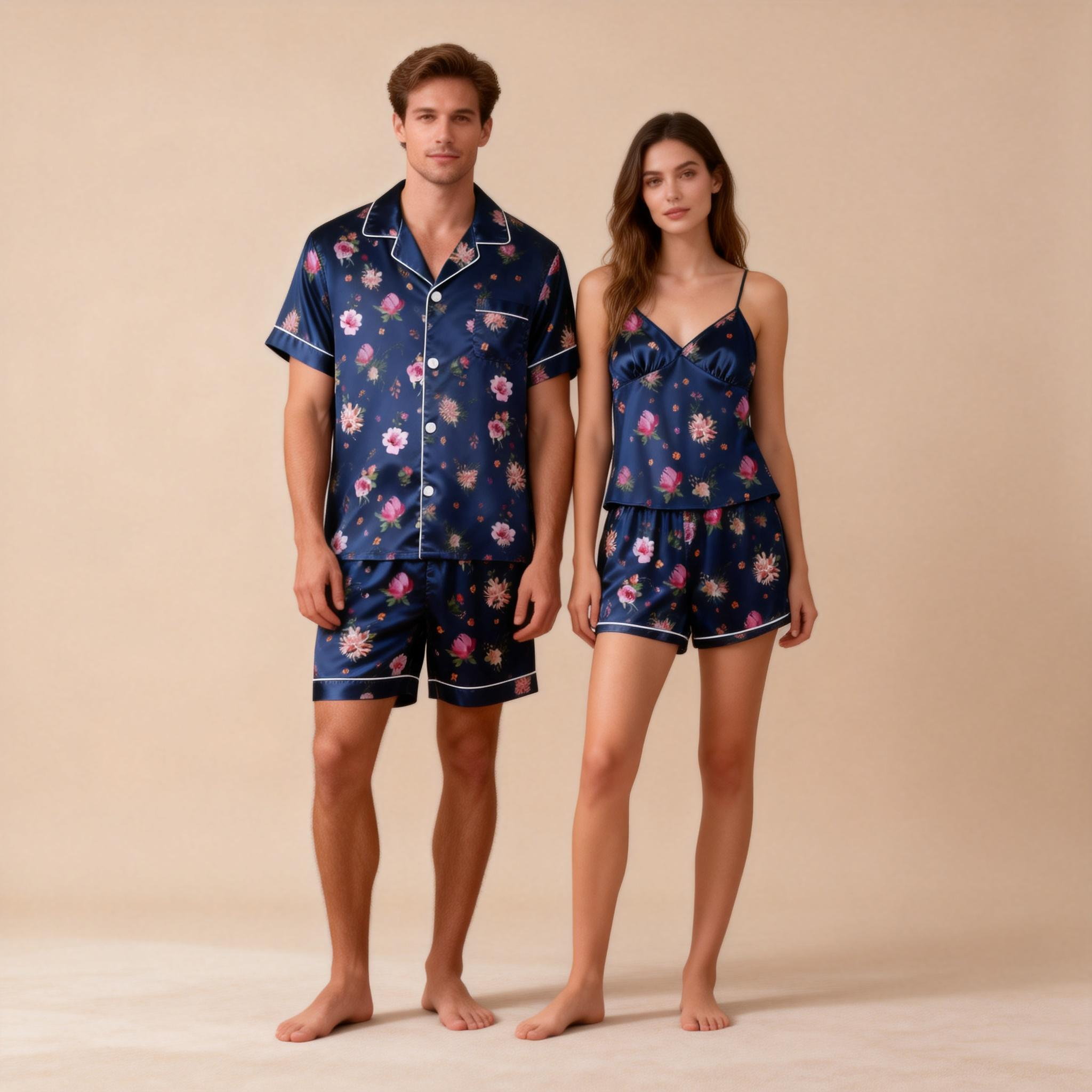 Couple’s Silky Evening Pajamas – Satin Short Set