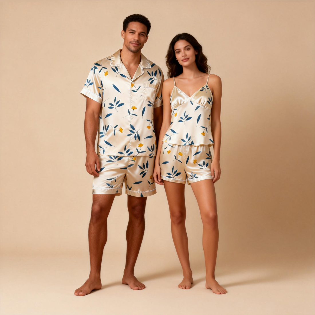 Matching Silky Pajamas for Couples – Satin Short Style
