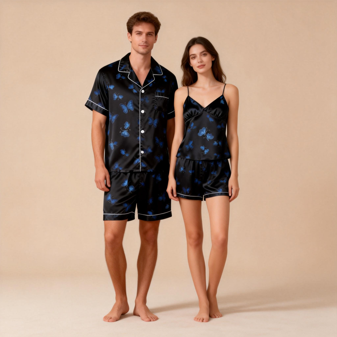 Premium Satin Couple Pajamas – Short Style