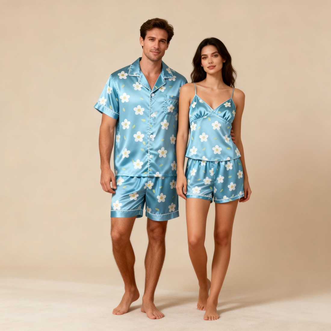 Classic Silky Couple Pajamas – Satin Short Set for Relaxation