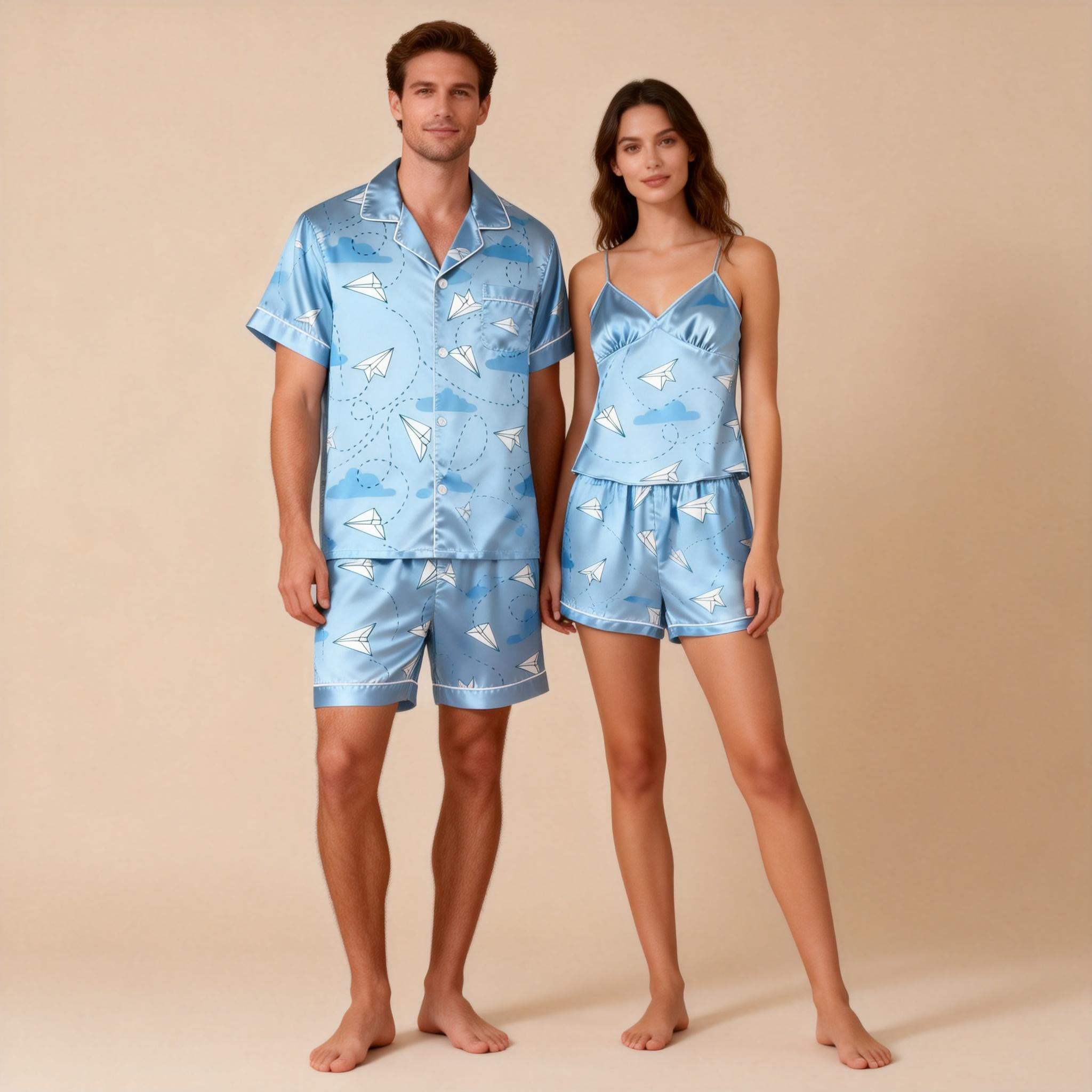 Silky Touch Classic Couple Pajamas – Satin Short Set