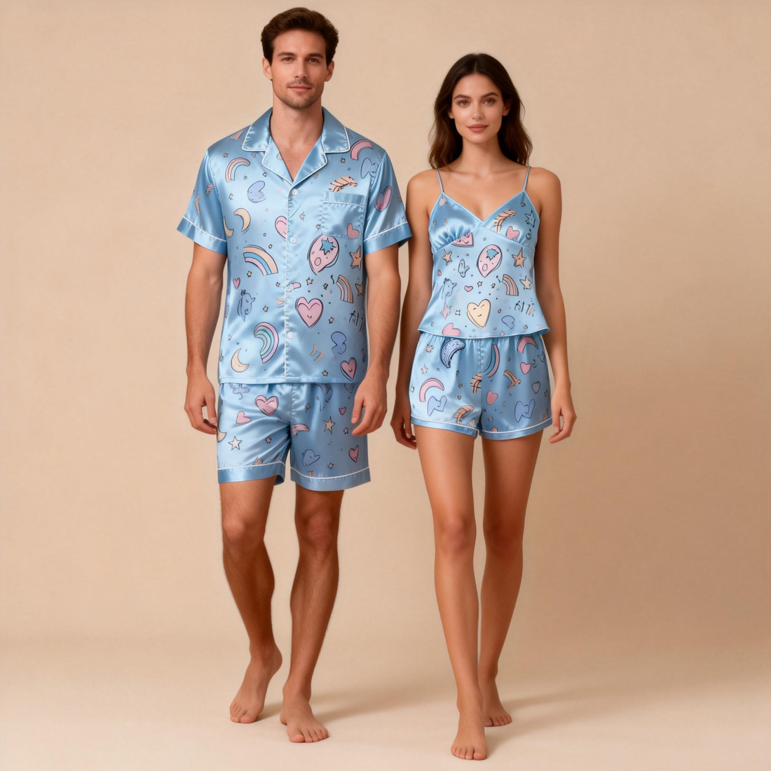 Matching Silky Satin Pajamas for Couples – Short & Sweet Design