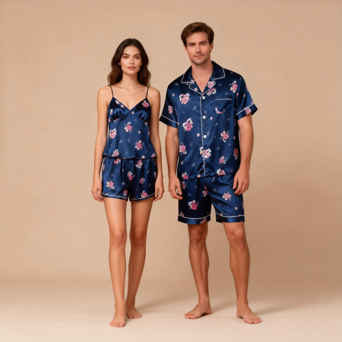 Silky Satin Couple Pajamas – Soft & Shimmery Sleepwear