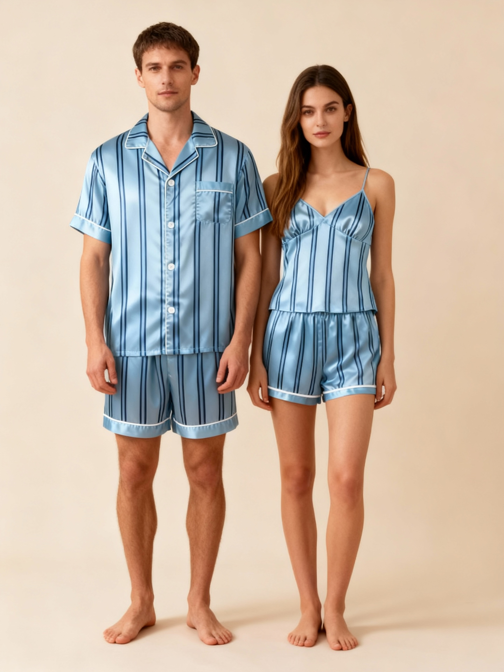Silky Classic Striped Printed Couple Sleepwear – Oecan Satin Short Pajama Set
