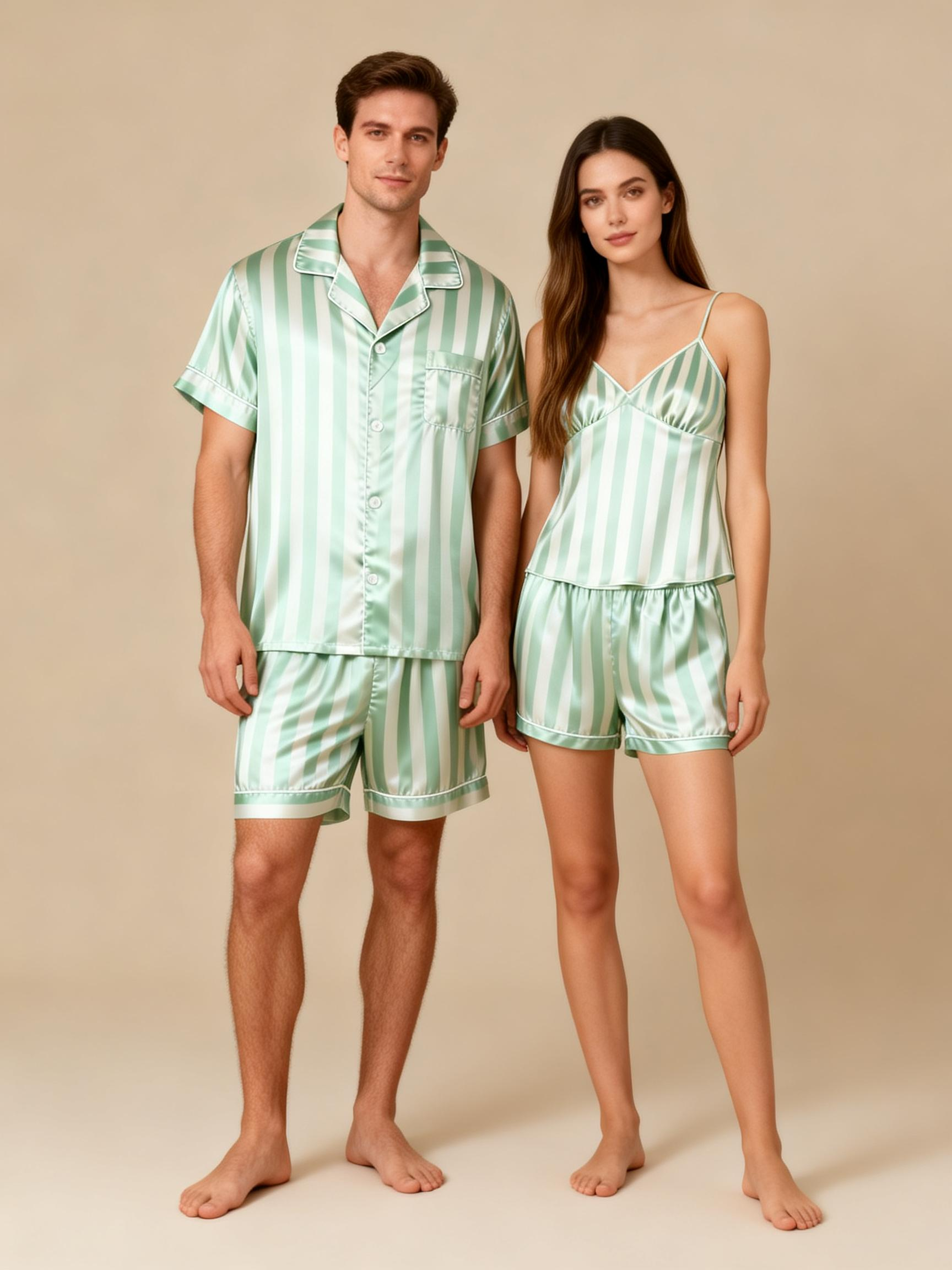 Striped Printed Silky Satin Pajamas for Couples – Chic & Comfortable