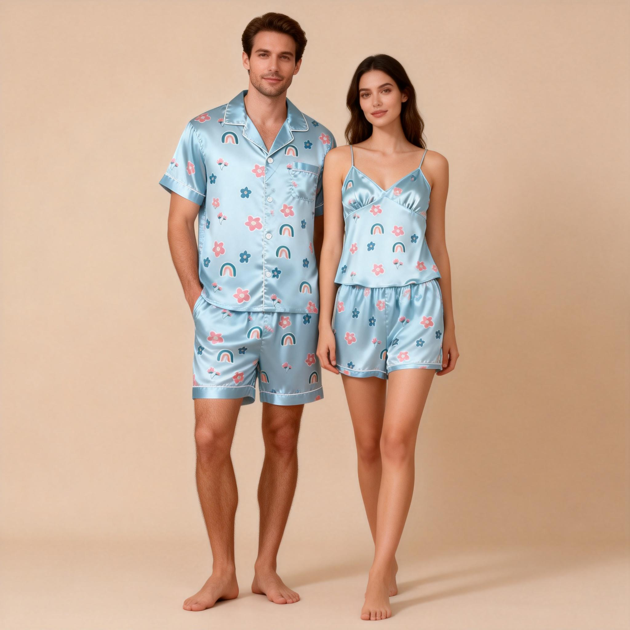 His & Her Satin Pajama Shorts Set – Classic Comfort