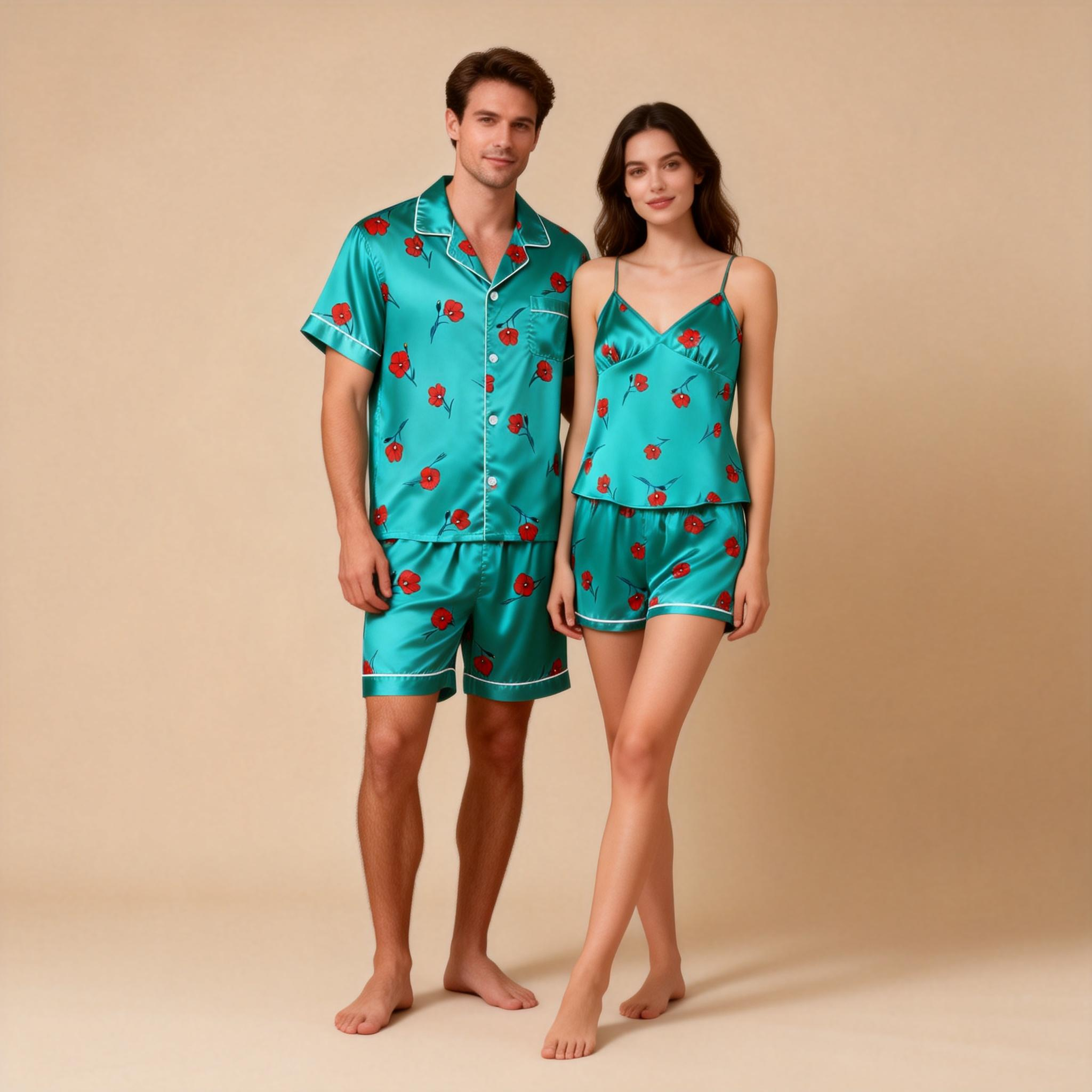 Silky Smooth Couple Pajamas – Classic Satin Short Set