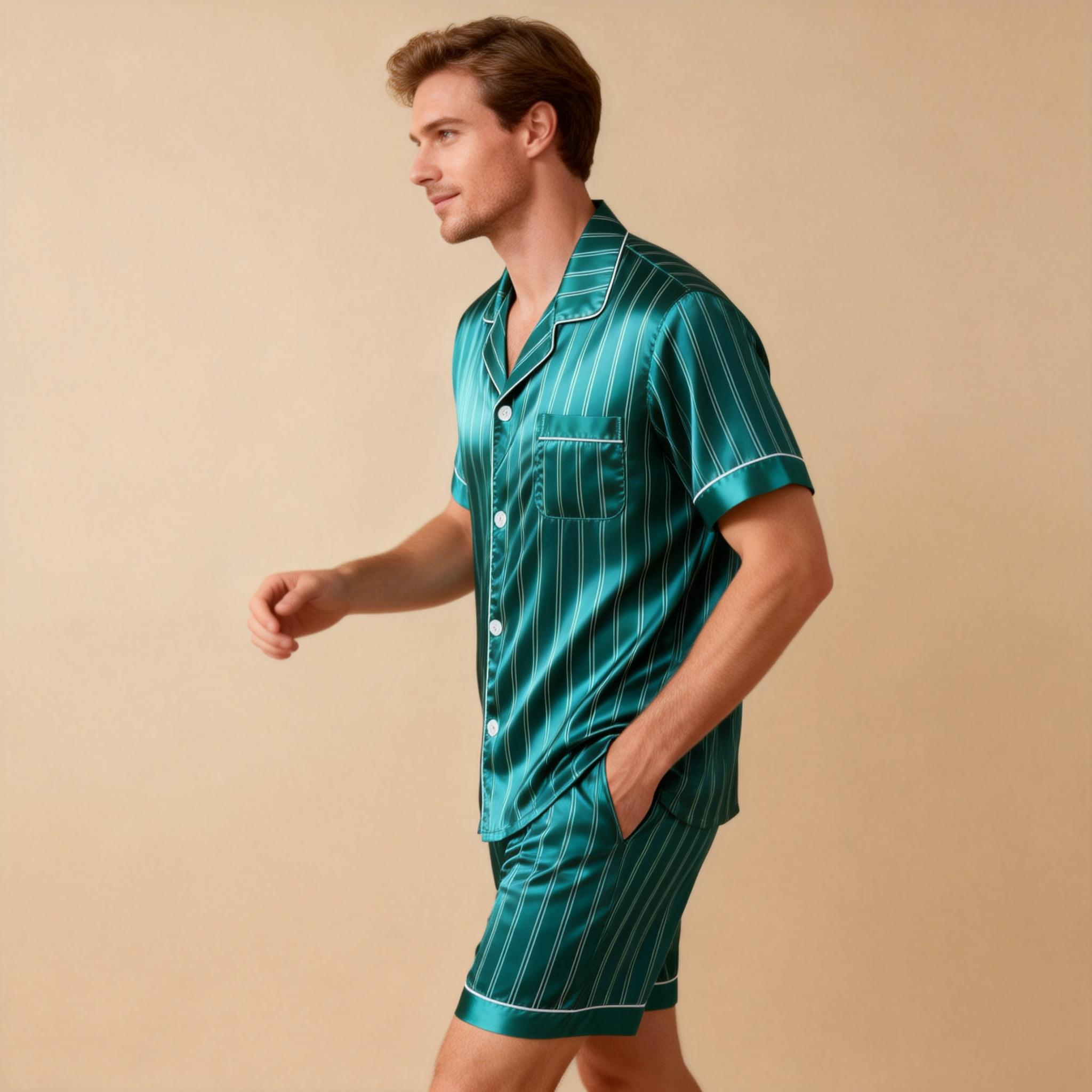 Silky Satin Striped Printed Sleep Set for Men-Dark Green
