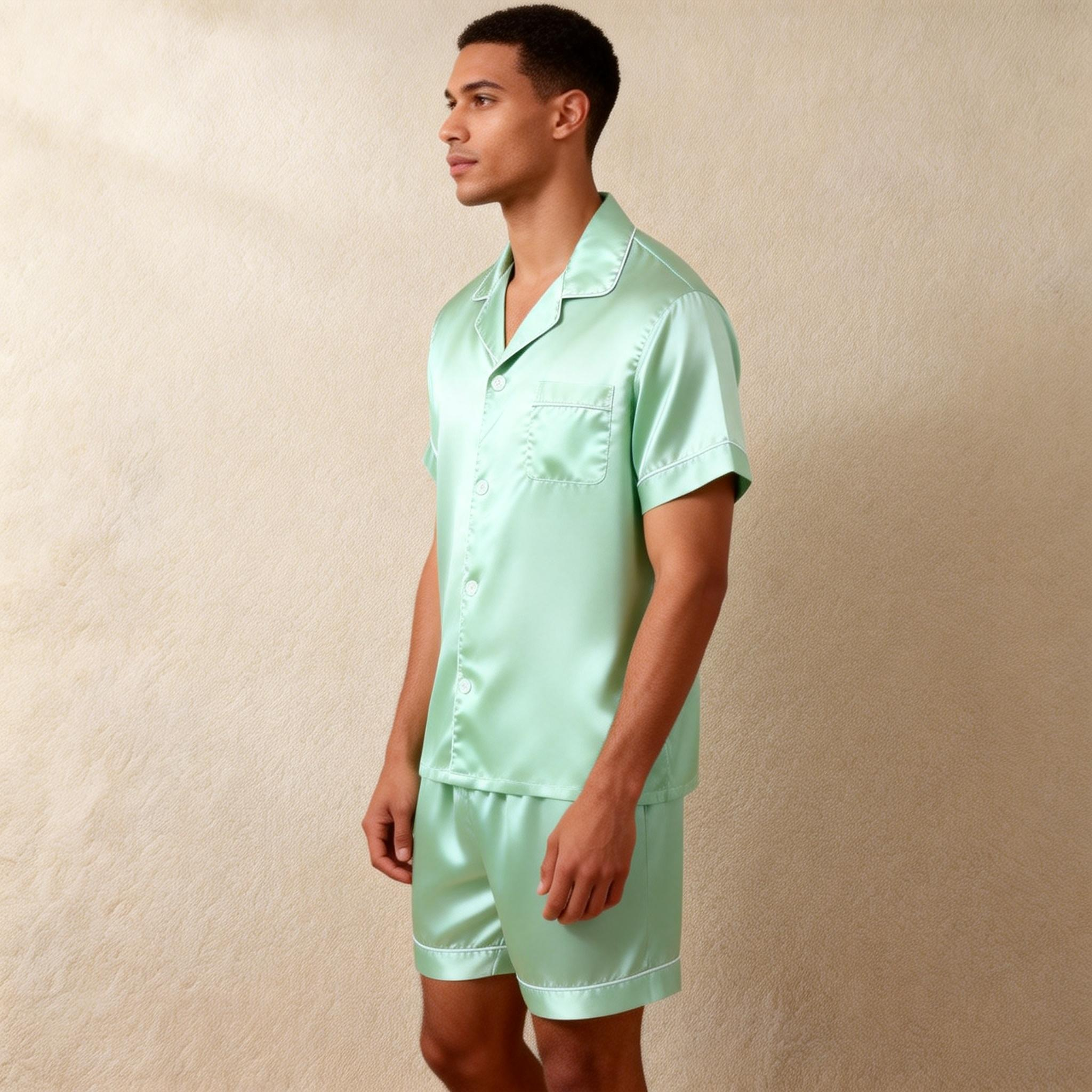 Silky Satin Solid Sleep Set for Men-Teal