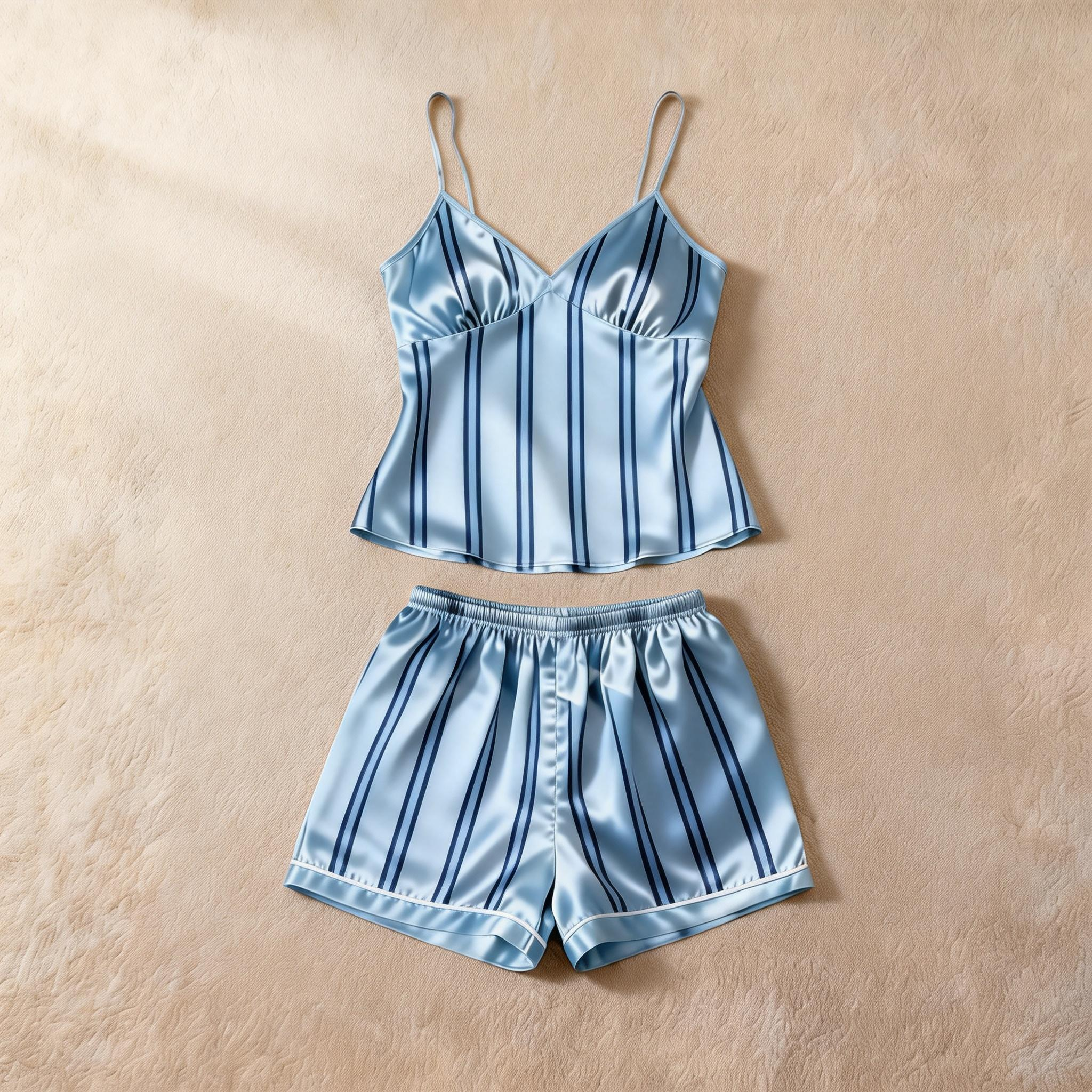 Silky Classic Striped Printed Satin Short Pajama Set-Beige