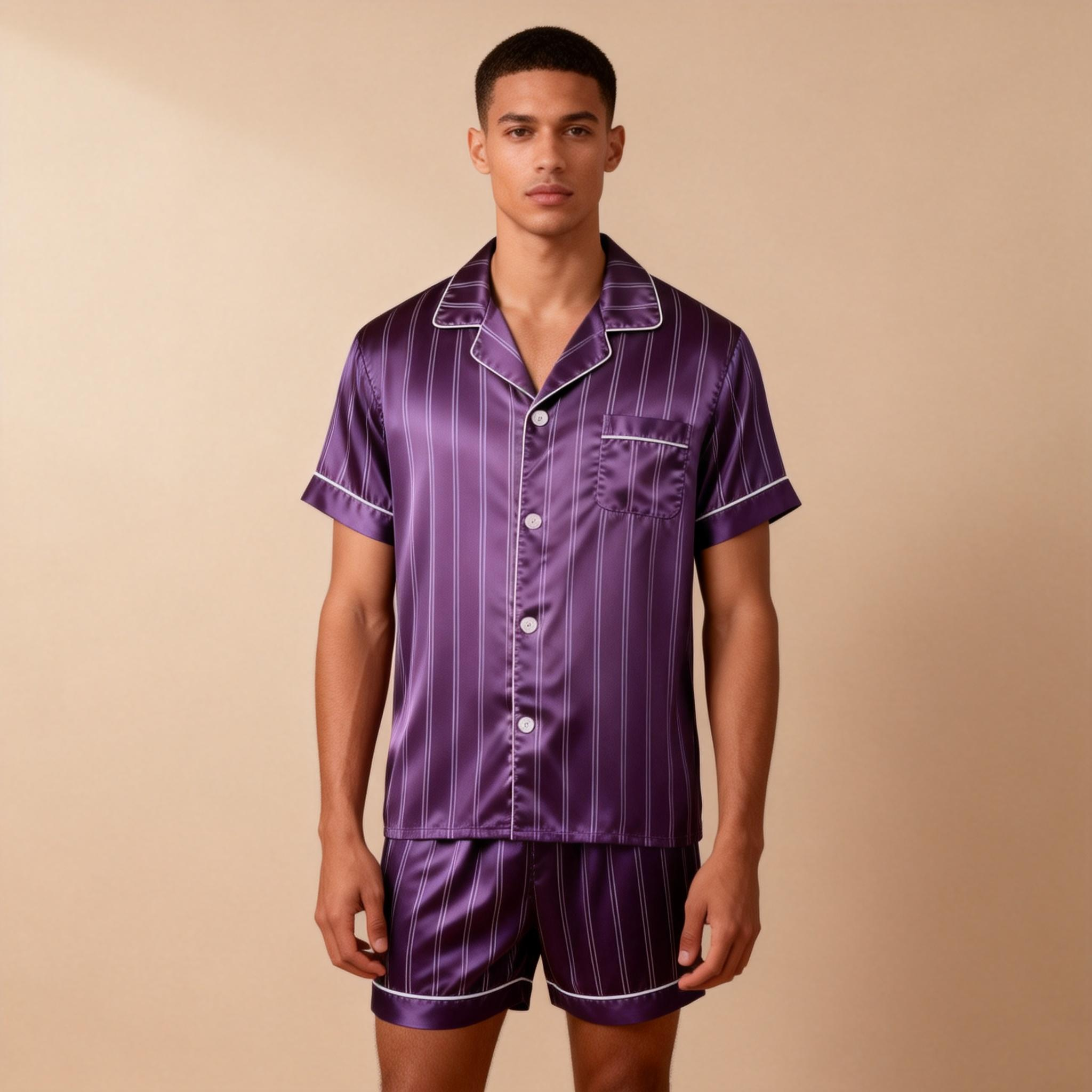Silky Satin Striped Printed Sleep Set for Men-Royal