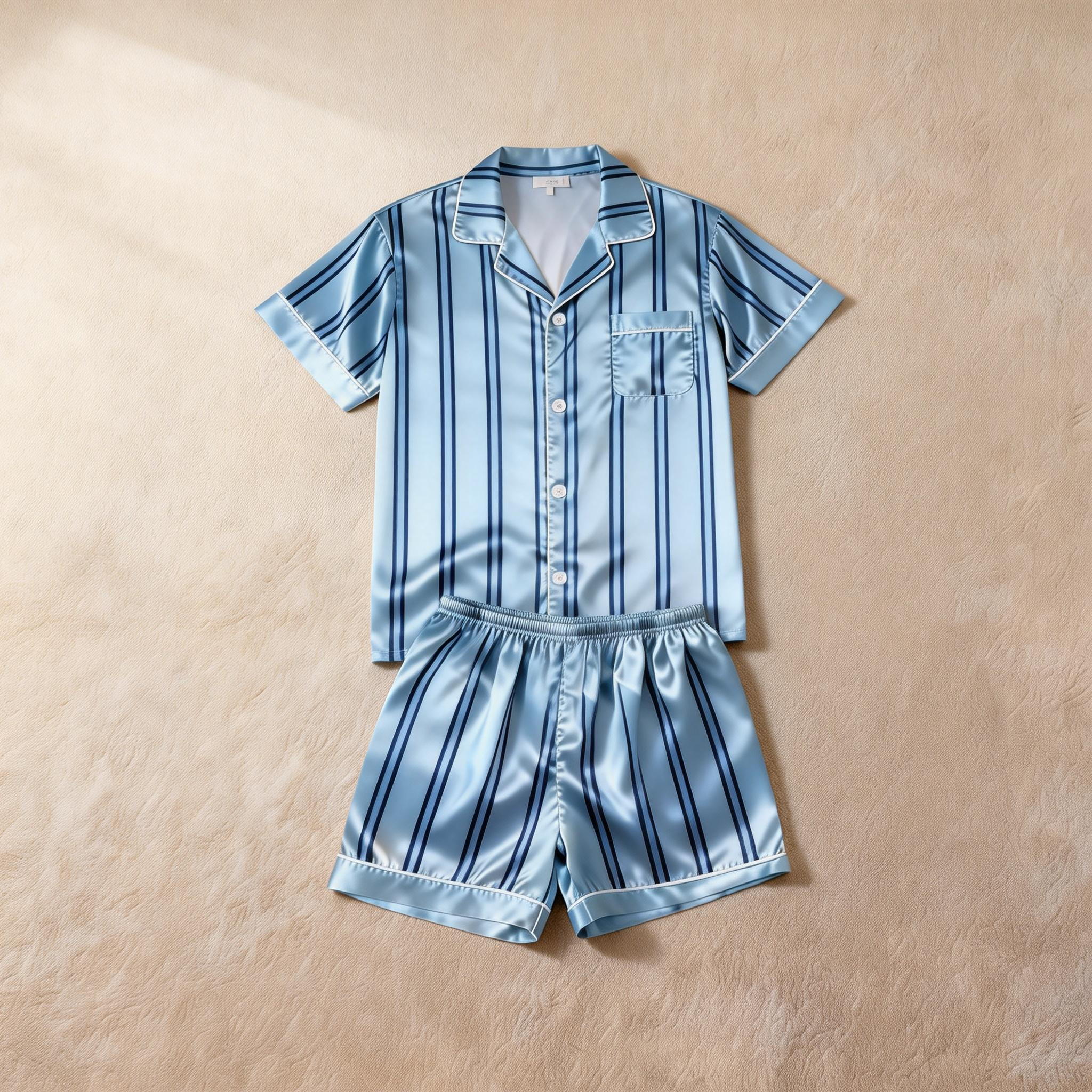 Silky Classic Striped Printed Satin Short Pajama Set-Beige