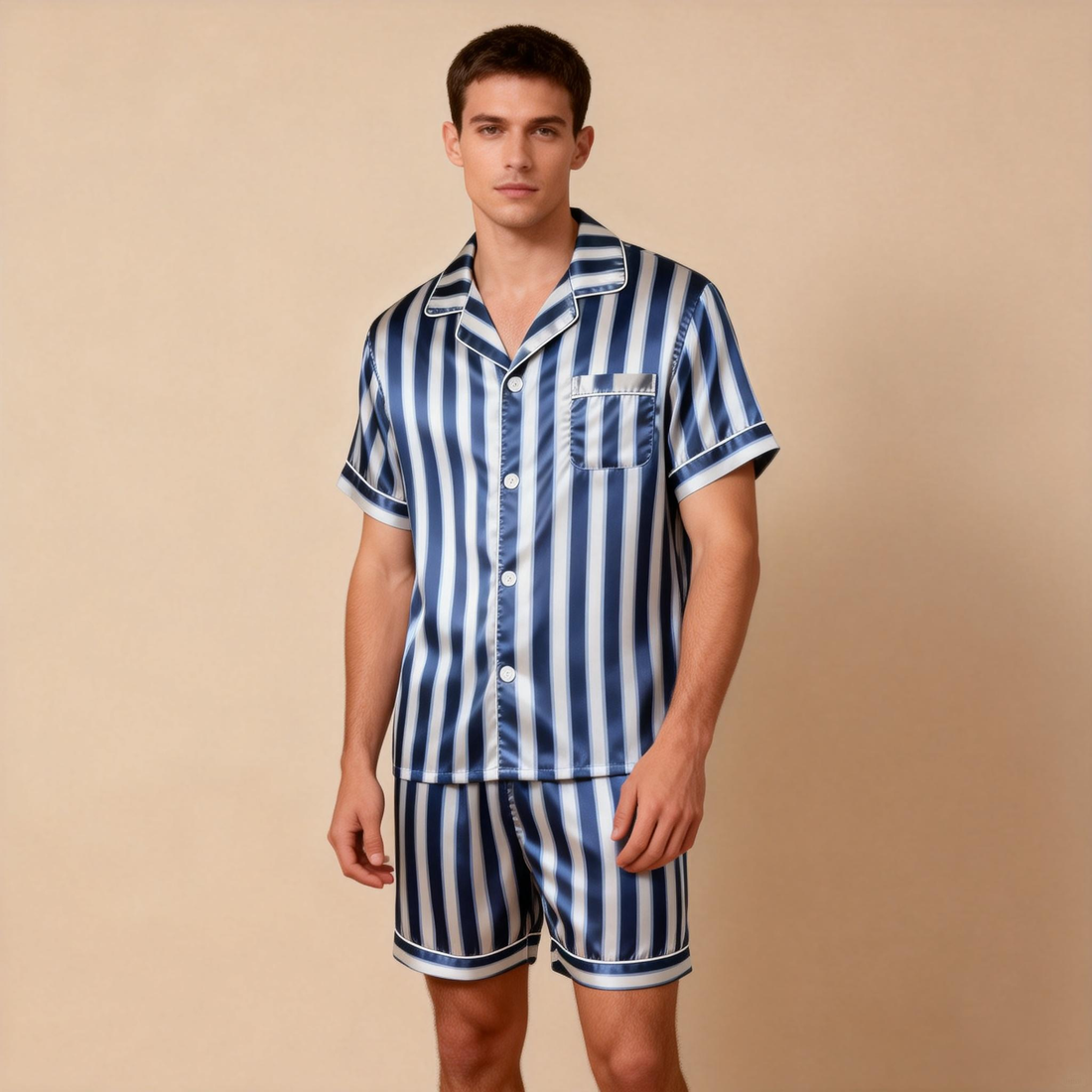 Silky Classic Striped Printed Satin Short Pajama Set-Navy