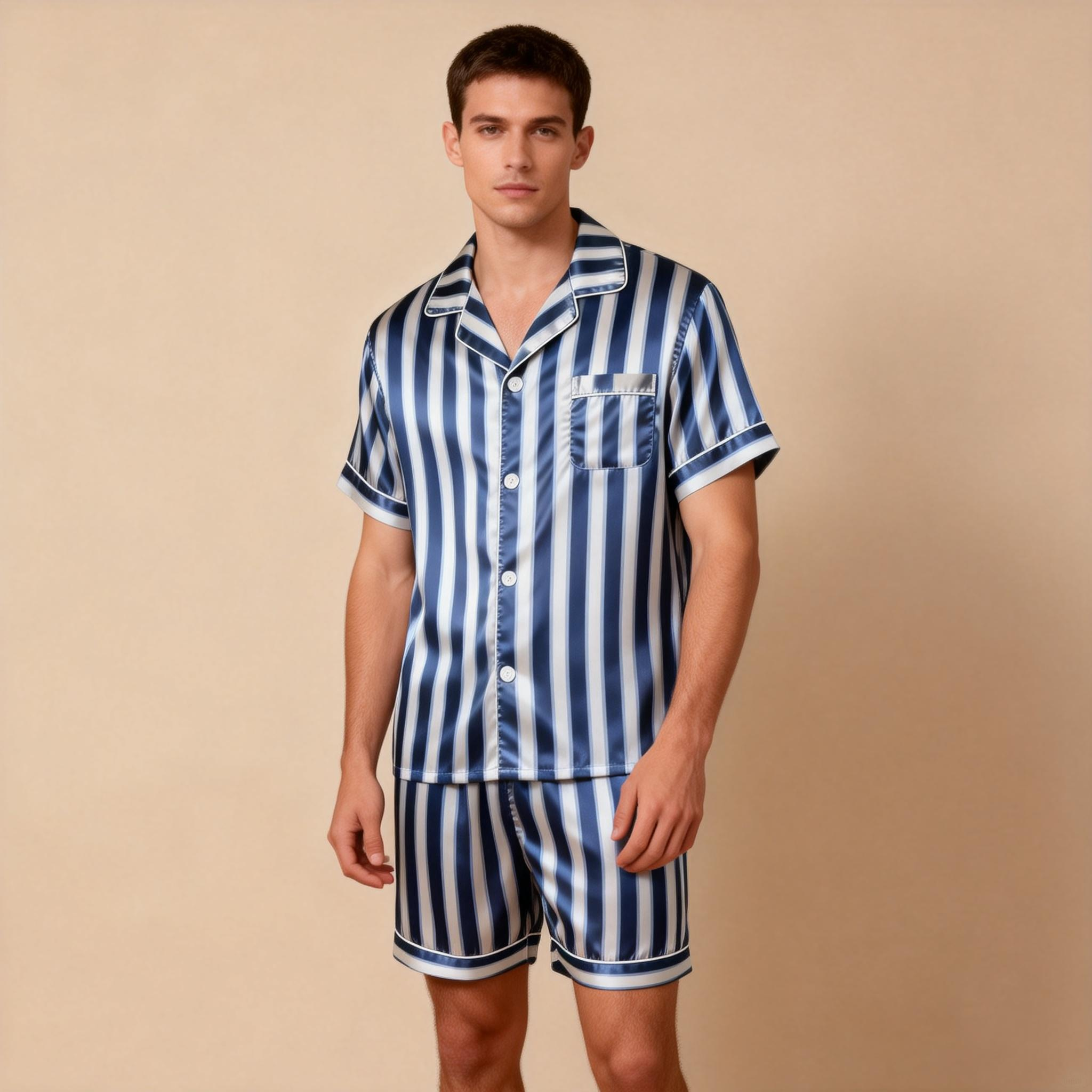 Silky Classic Striped Printed Men Sleepwear Satin Short Pajama Set