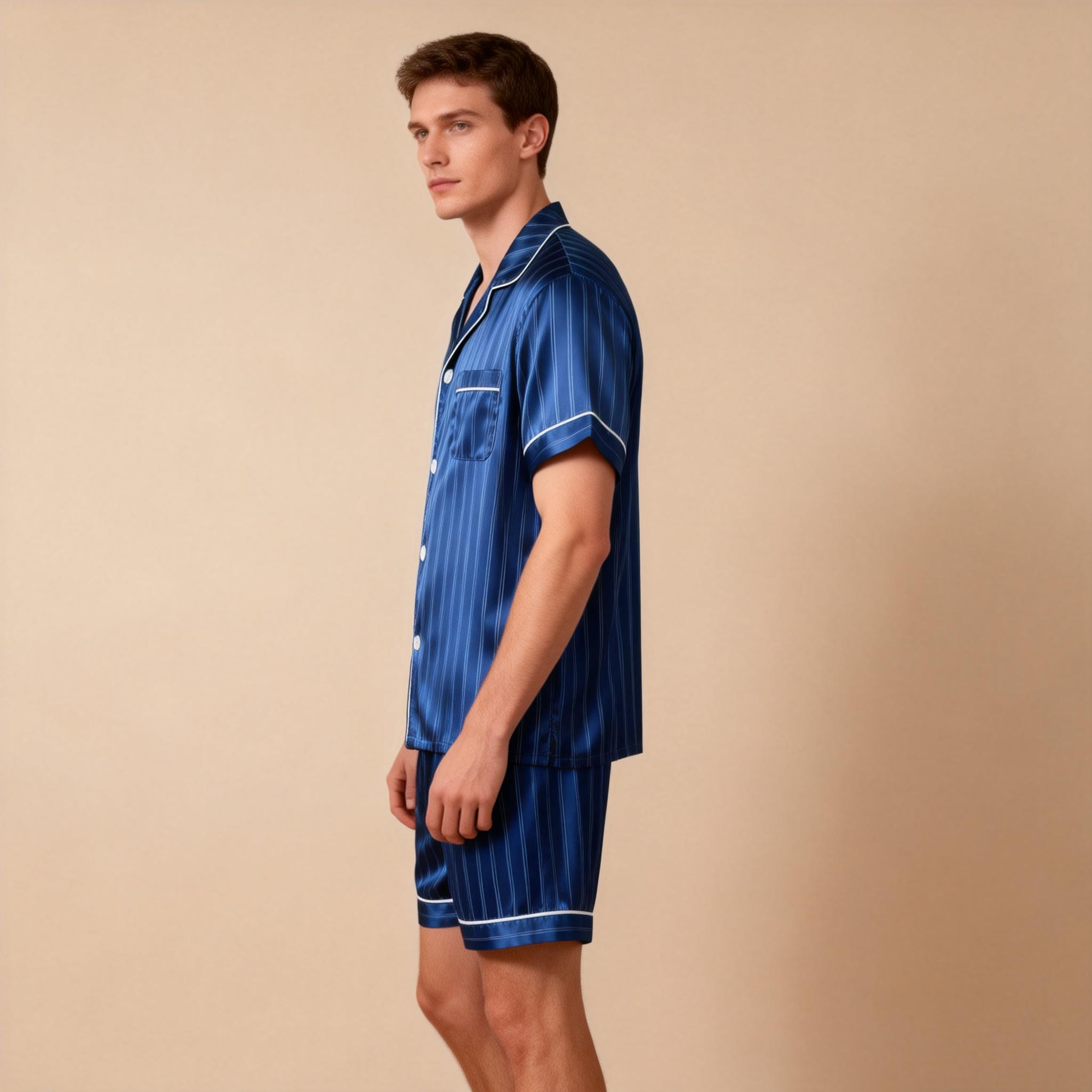 Silky Satin Striped Printed Sleep Set for Men-Purple