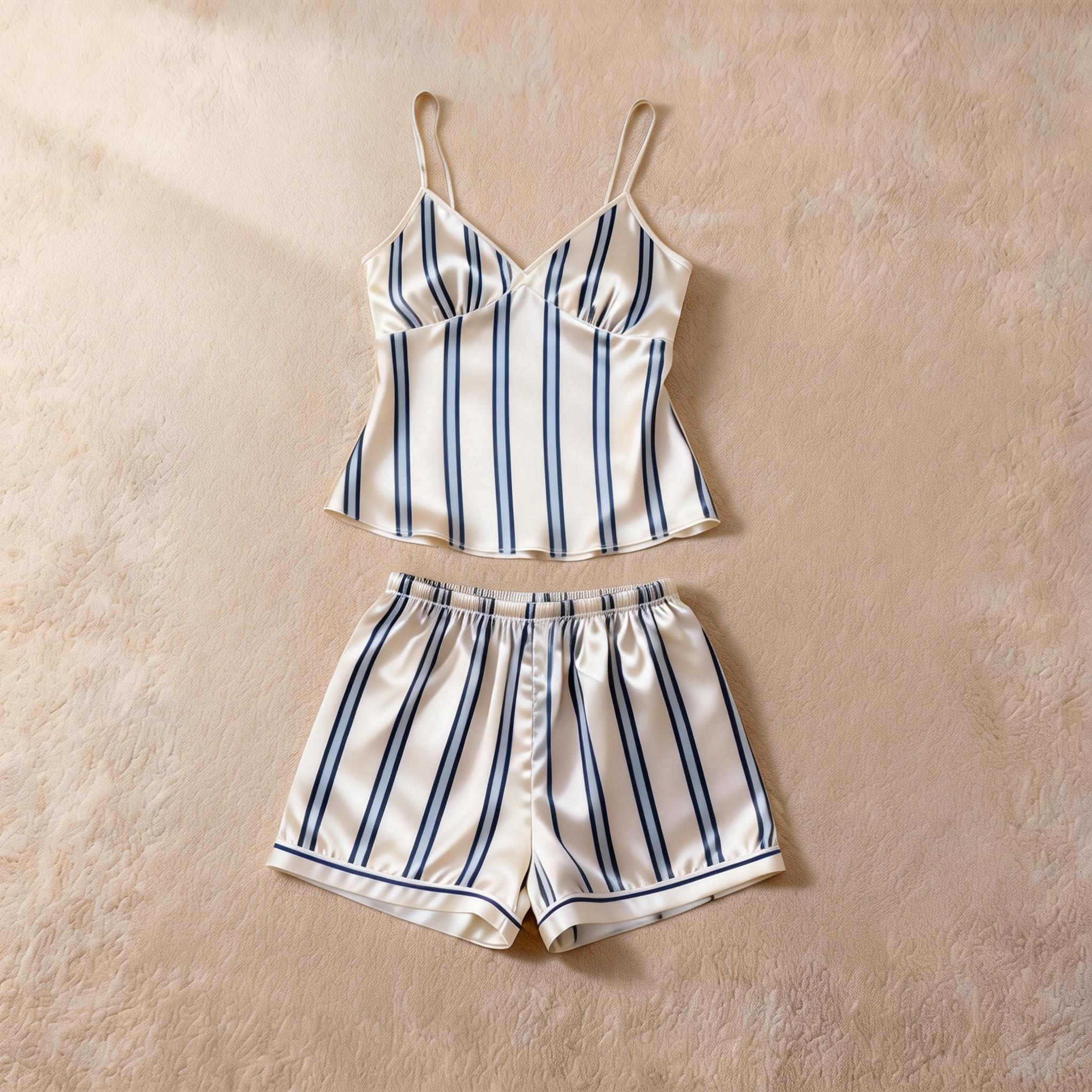 Silky Classic Striped Printed Satin Short Pajama Set-Beige