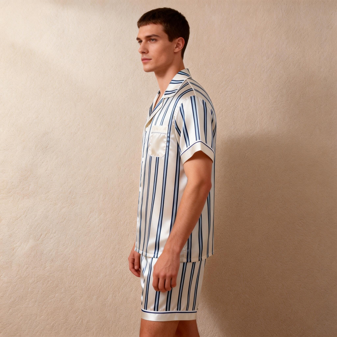Silky Classic Striped Printed Satin Short Pajama Set-Beige