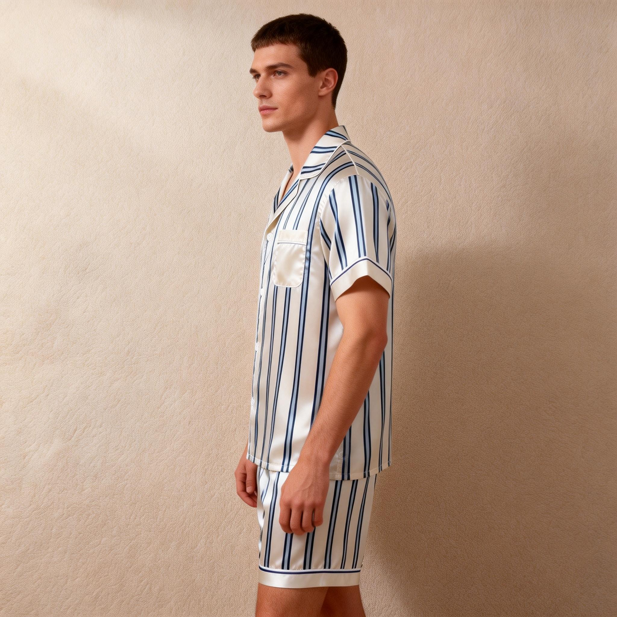 Silky Classic Striped Printed Satin Short Pajama Set-Beige