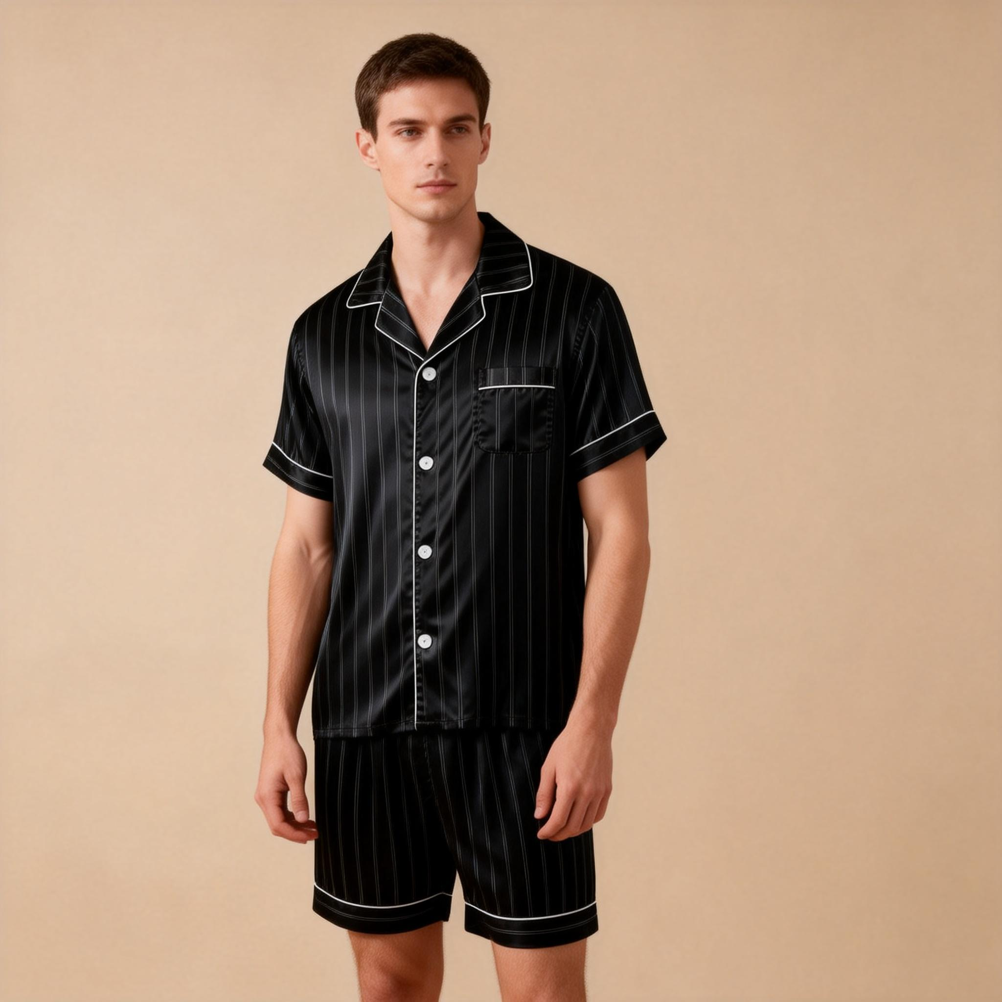 Silky Satin Striped Printed Sleep Set for Men-Royal