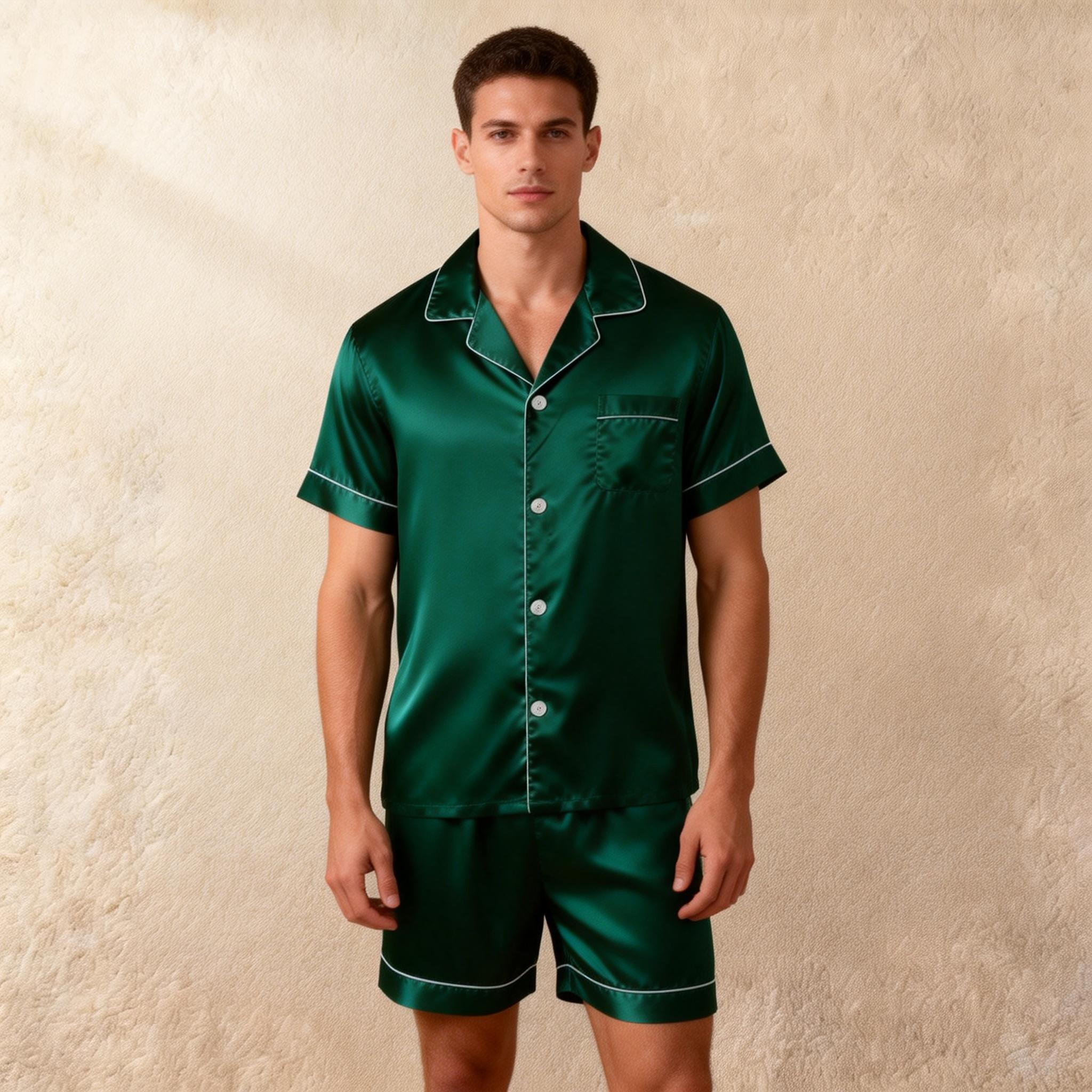 Silky Satin Solid Sleep Set for Men-Teal