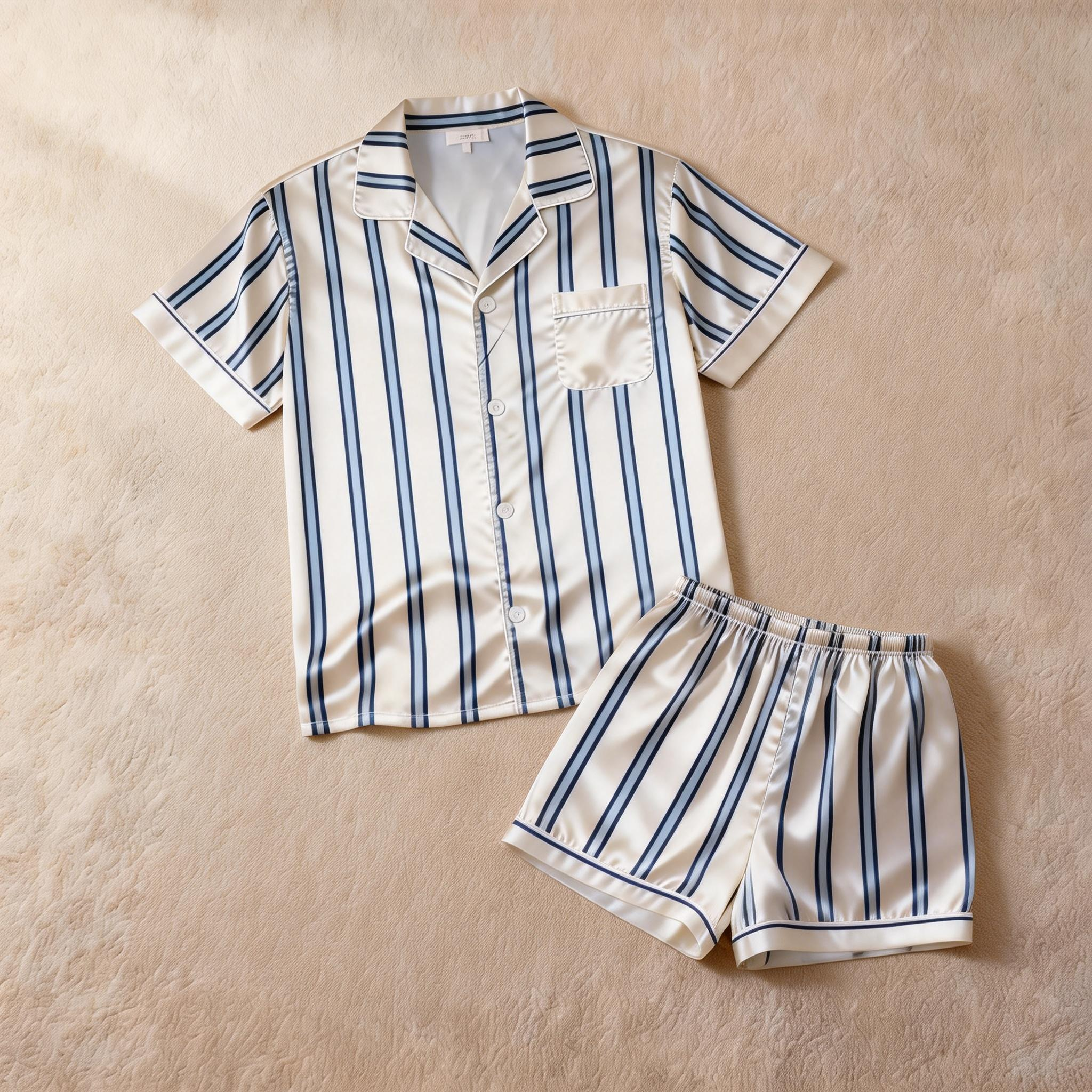 Silky Classic Striped Printed Men Sleepwear Satin Short Pajama Set