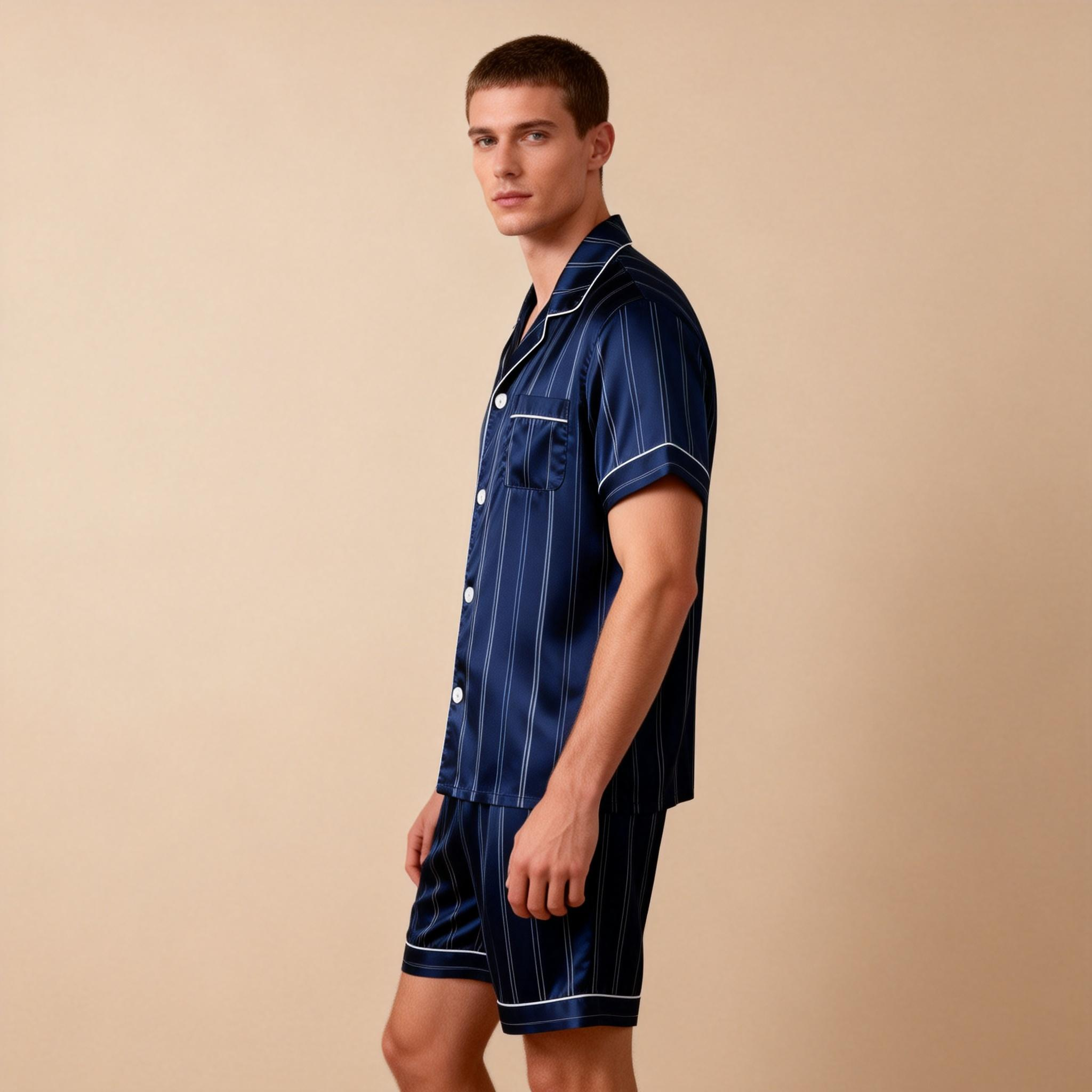 Silky Satin Striped Printed Sleep Set for Men-Purple