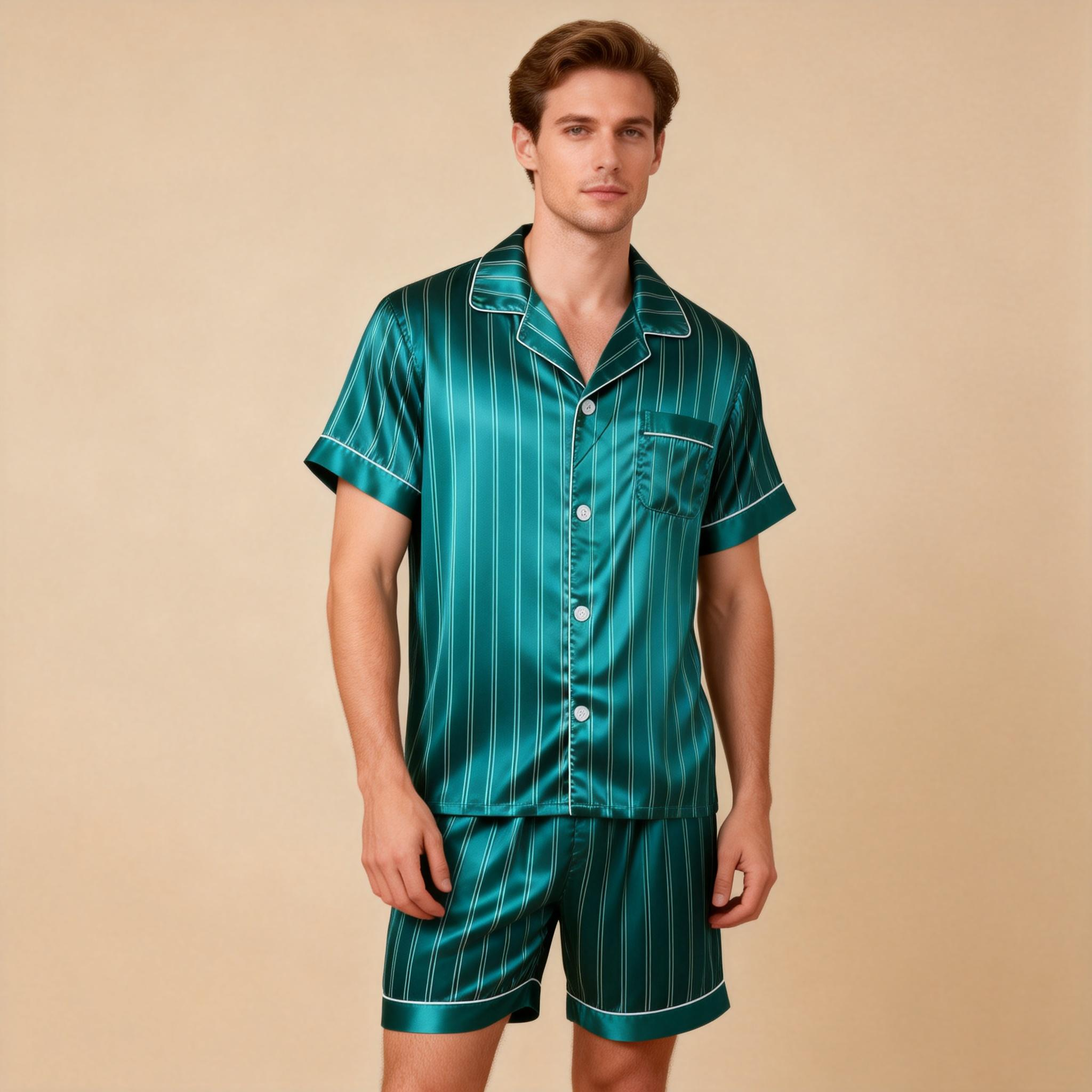 Silky Satin Striped Printed Sleep Set for Men-Royal