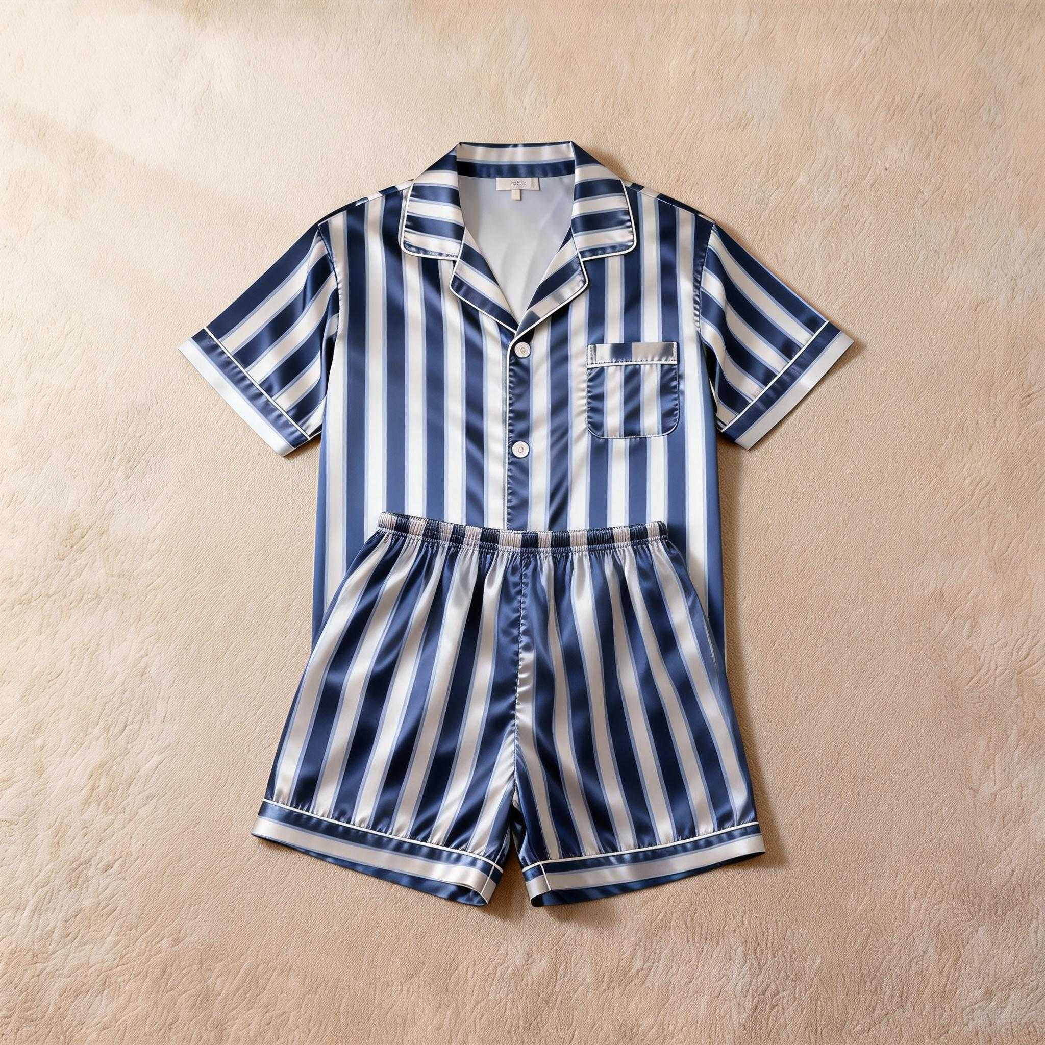 Silky Classic Striped Printed Satin Short Pajama Set-Navy