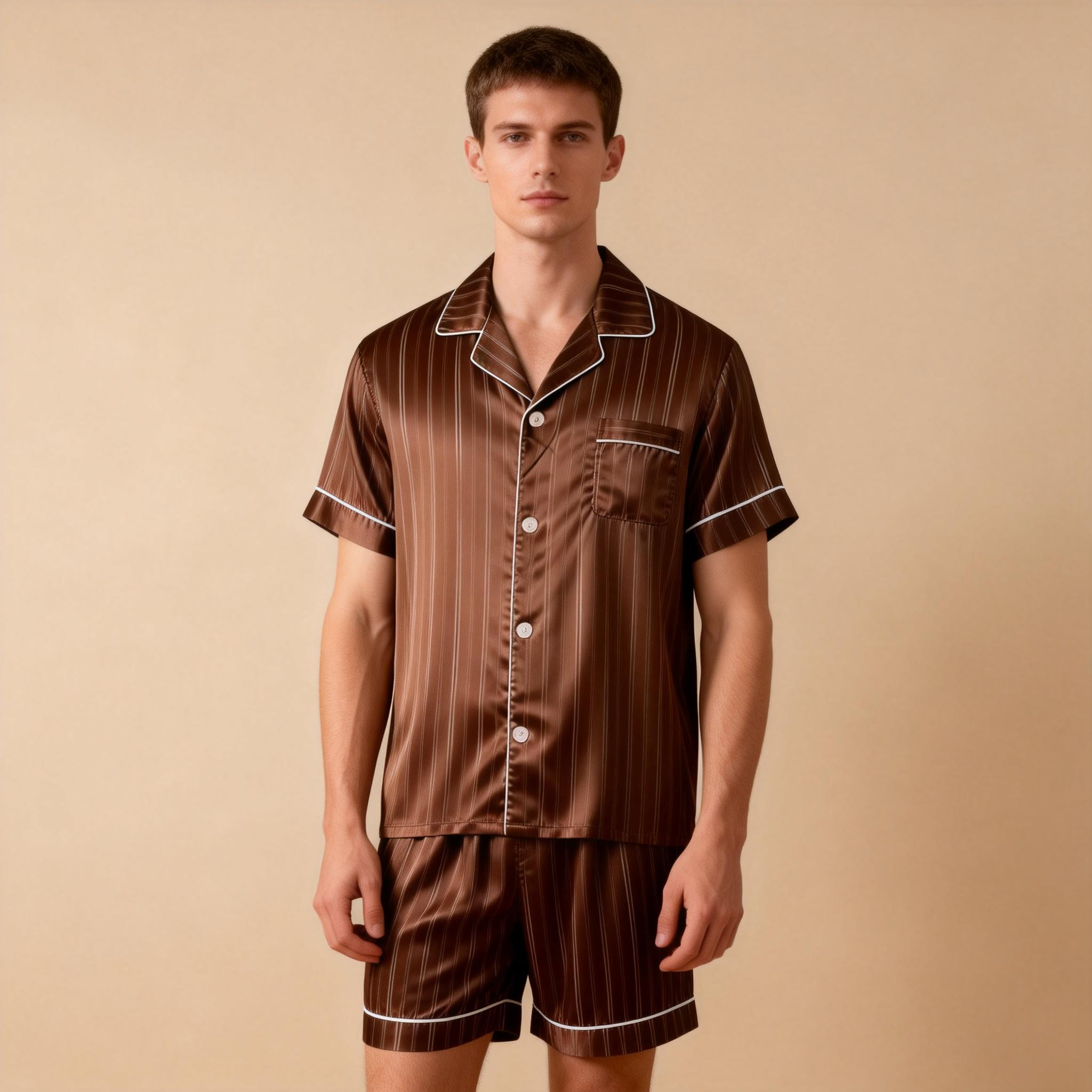 Silky Satin Striped Printed Sleep Set for Men-Purple