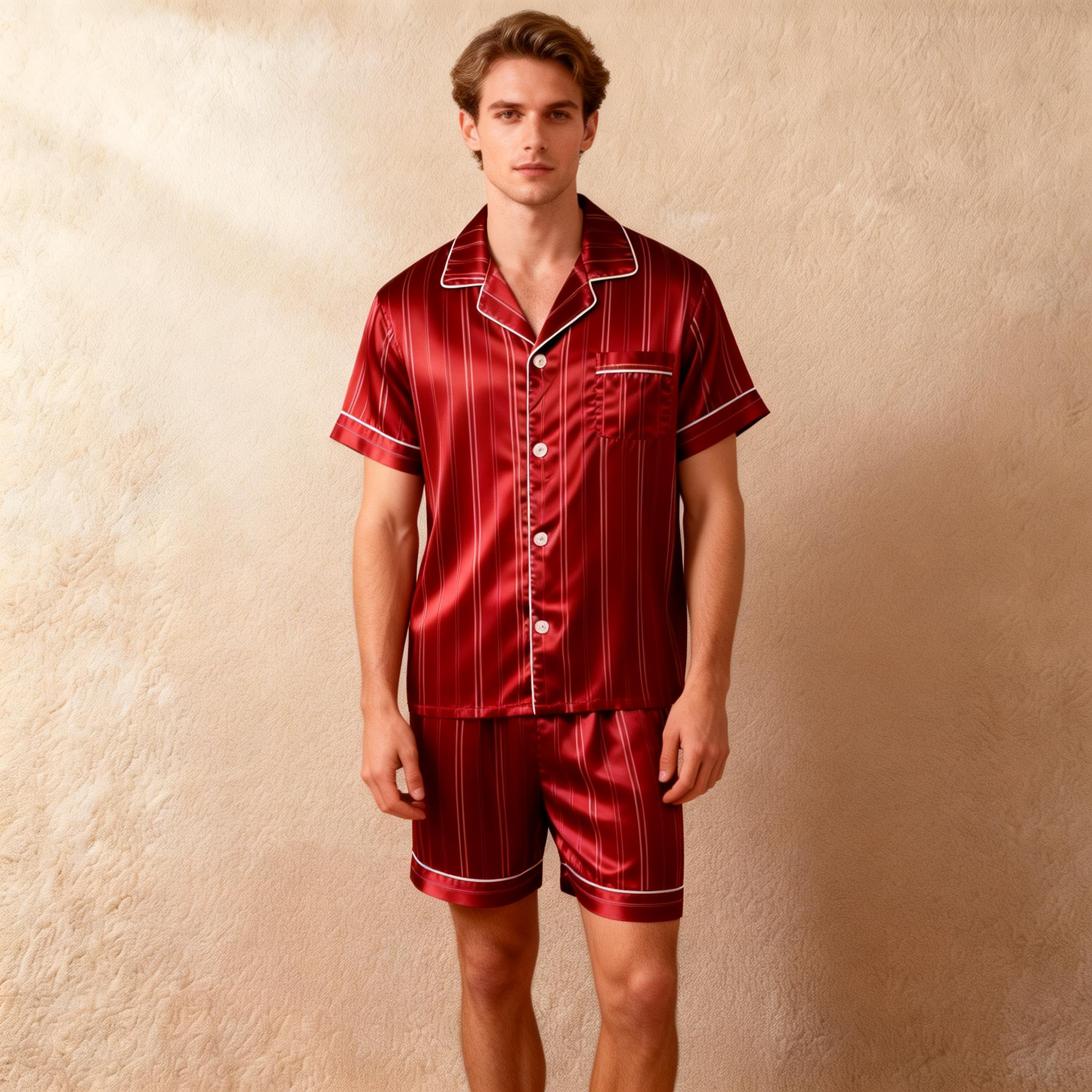 Silky Satin Striped Printed Sleep Set for Men-Dark Green